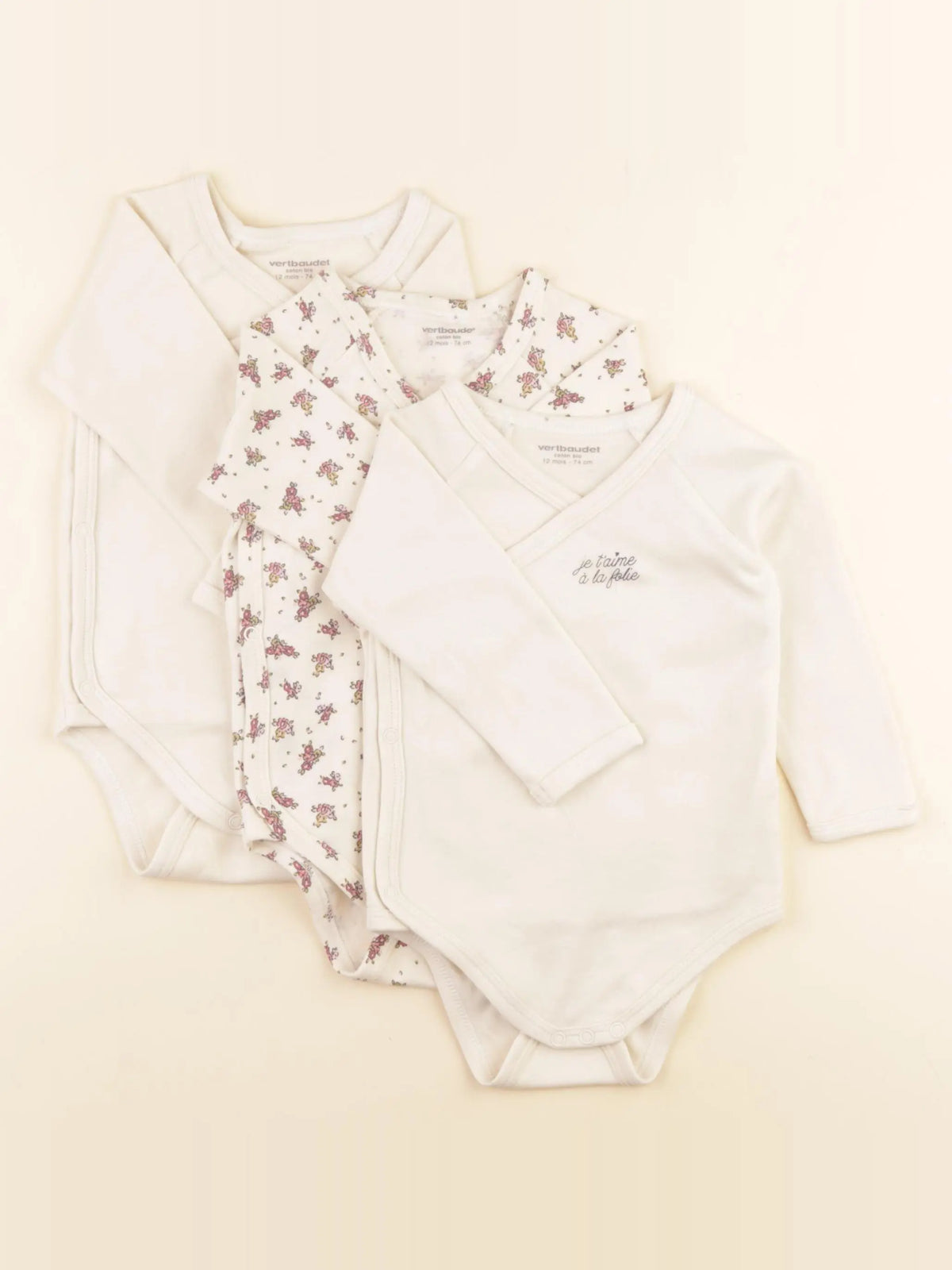 Vertbaudet - lot de 3 bodies en coton beige, rose - 1 an