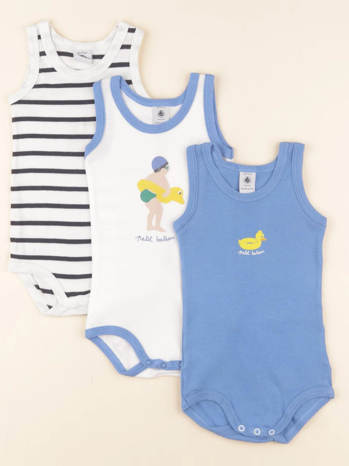 Petit Bateau - lot de 3 bodies en coton bleu - 12 mois