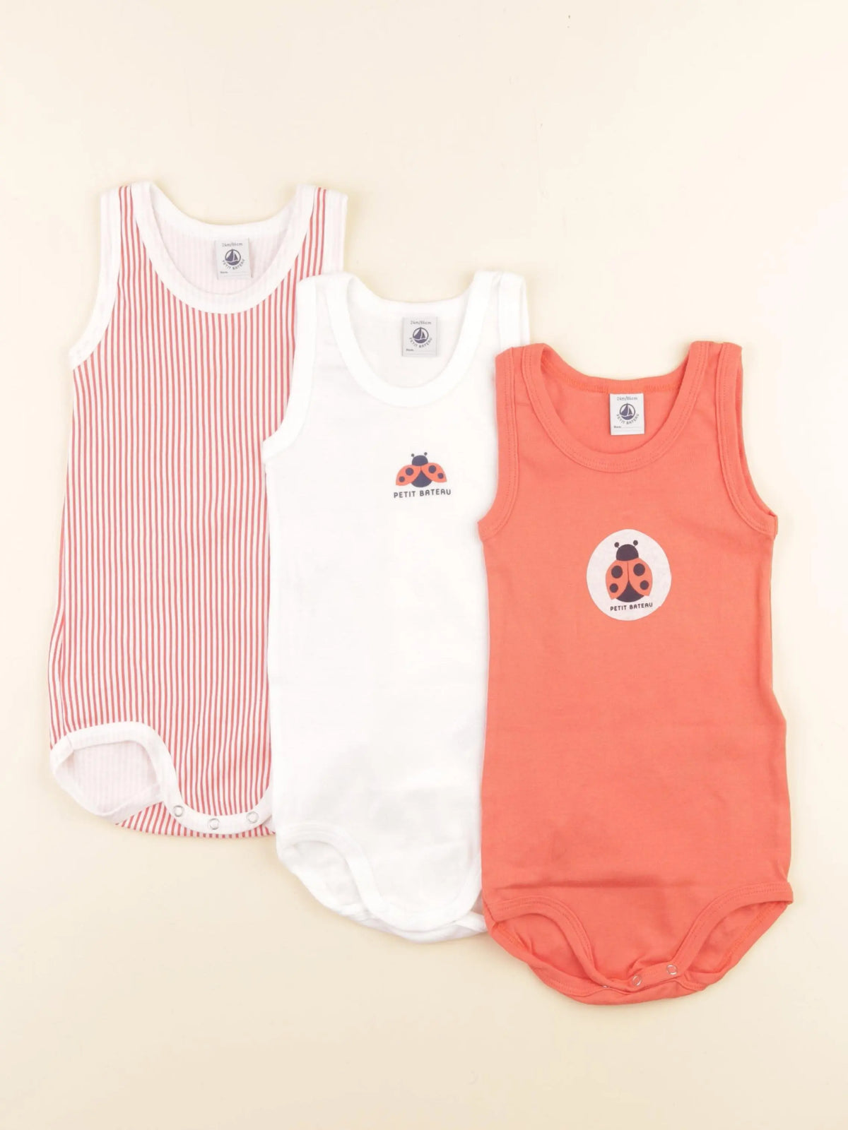 Petit Bateau - lot de 3 bodies en coton blanc, orange - 24 mois