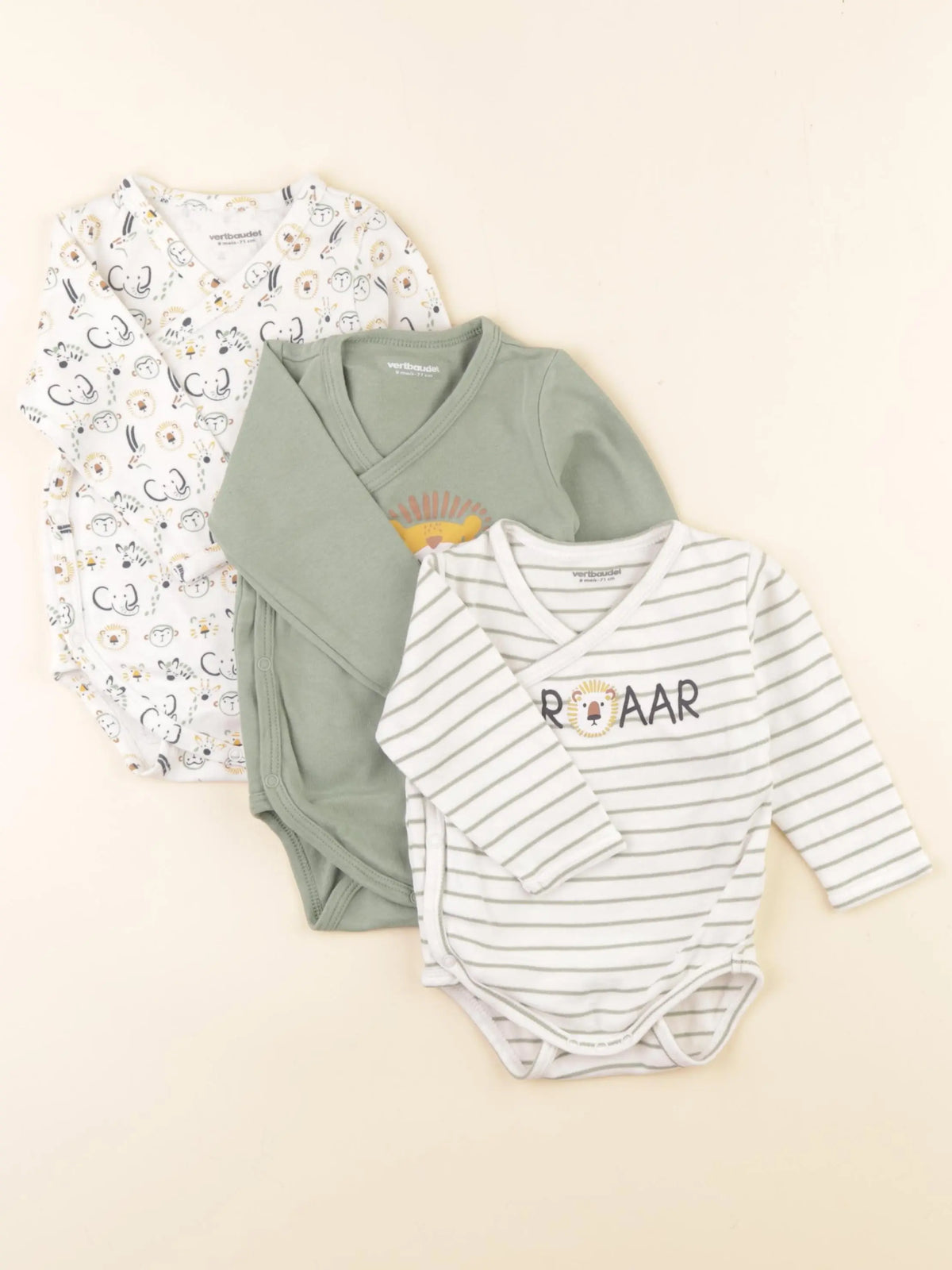 Vertbaudet - lot de 3 bodies en coton blanc, vert - 9 mois