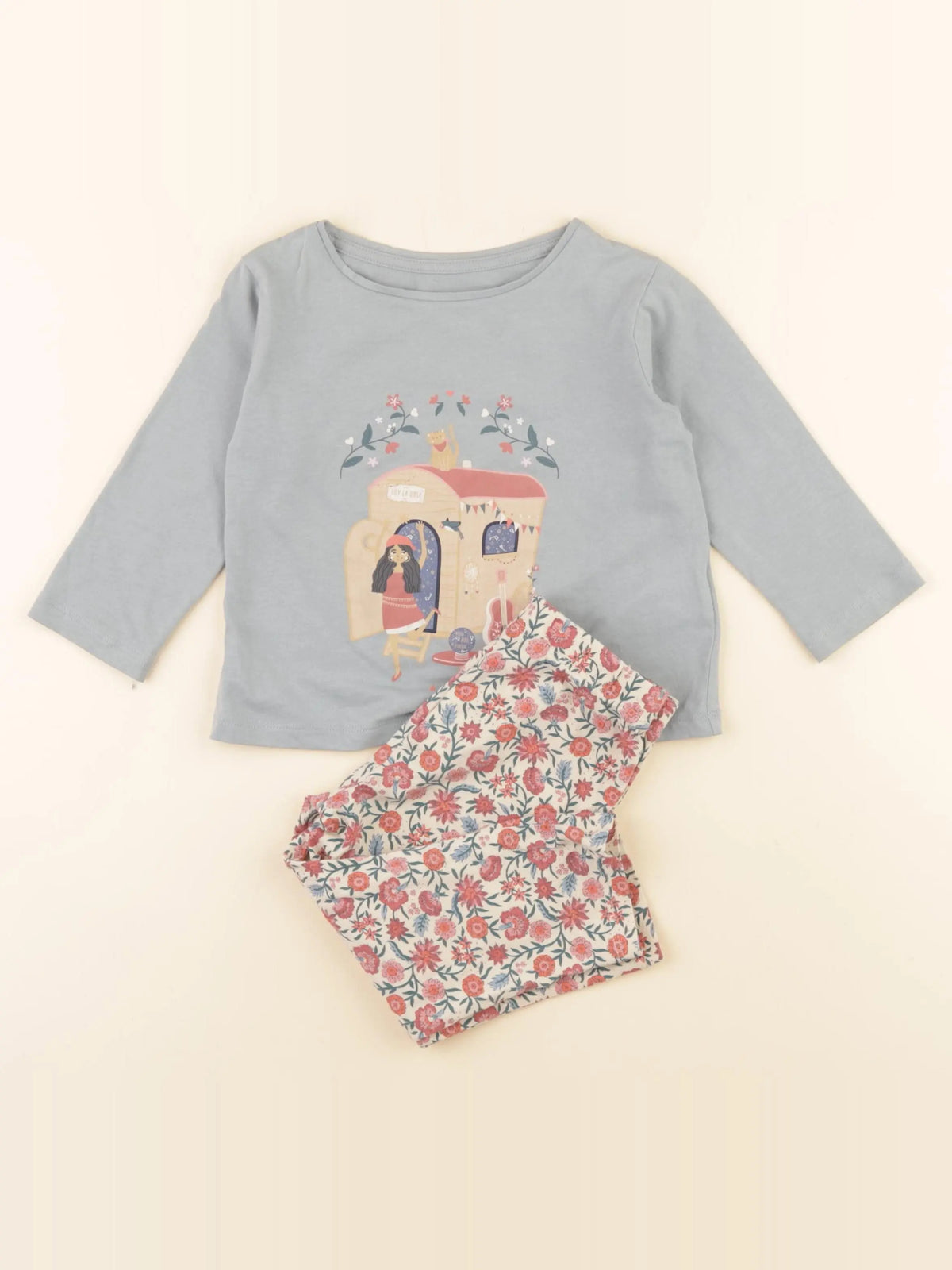 Vertbaudet - pyjama coton vert, rose - 2 ans