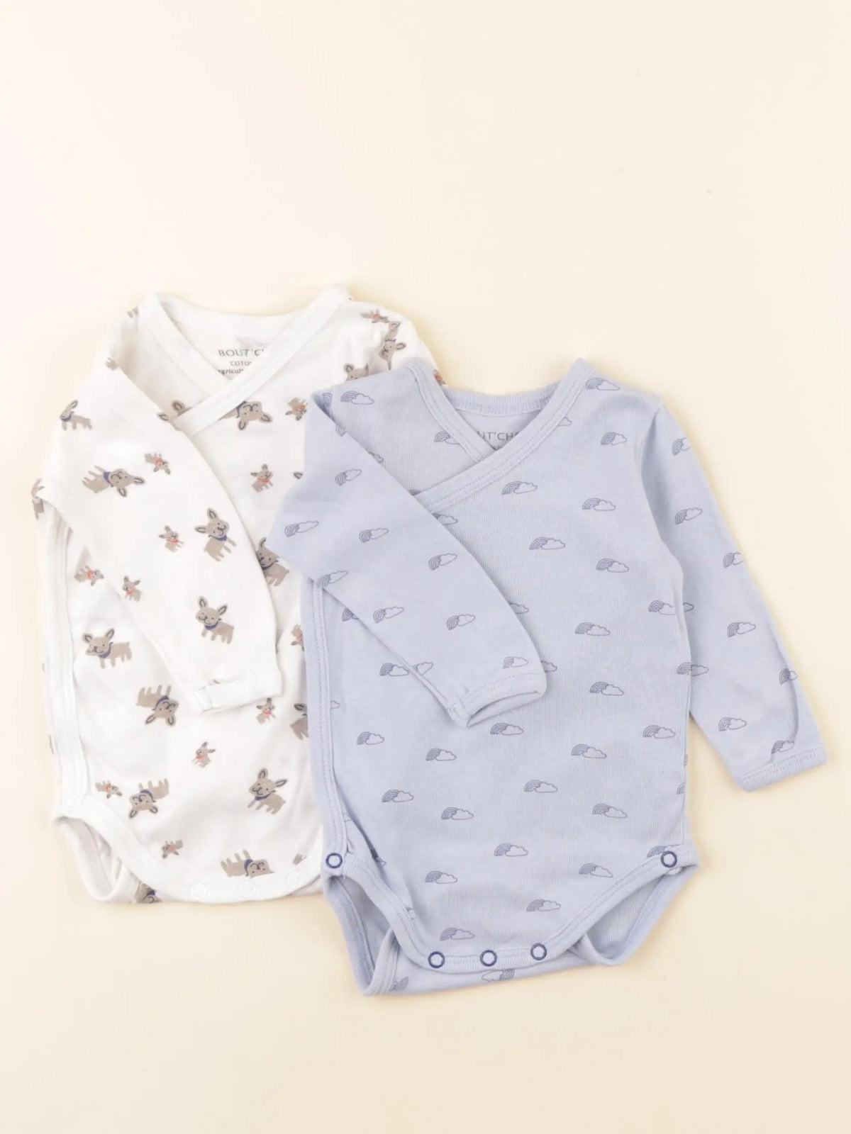 Boutchou - lot de 2 bodies en coton bleu, blanc - 3 mois