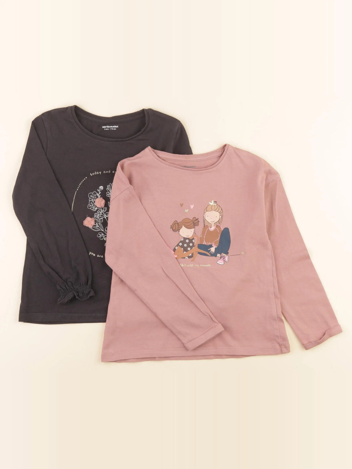 Vertbaudet - lot de 2 tee-shirts rose, noir - 5 ans