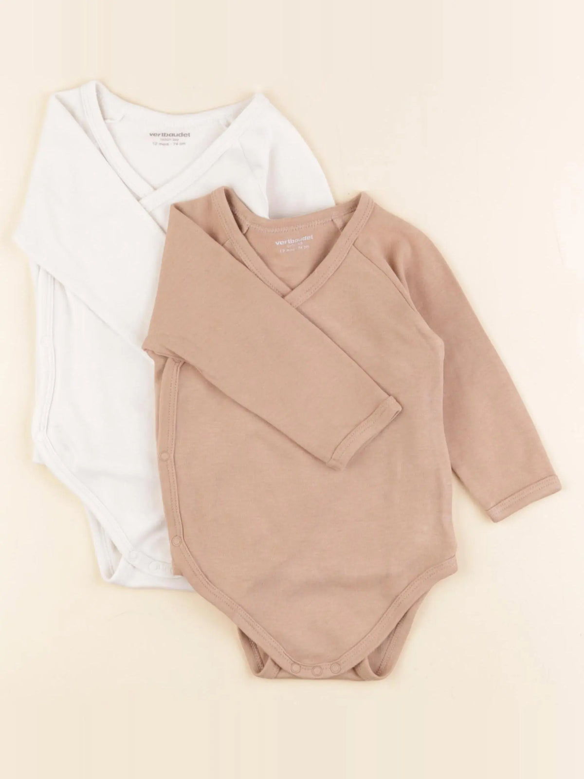 Vertbaudet - lot de 2 bodies en coton beige, marron - 12 mois