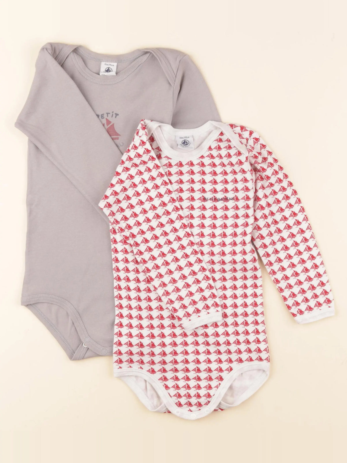 Petit Bateau - lot de 2 bodies en coton rouge, gris - 36 mois