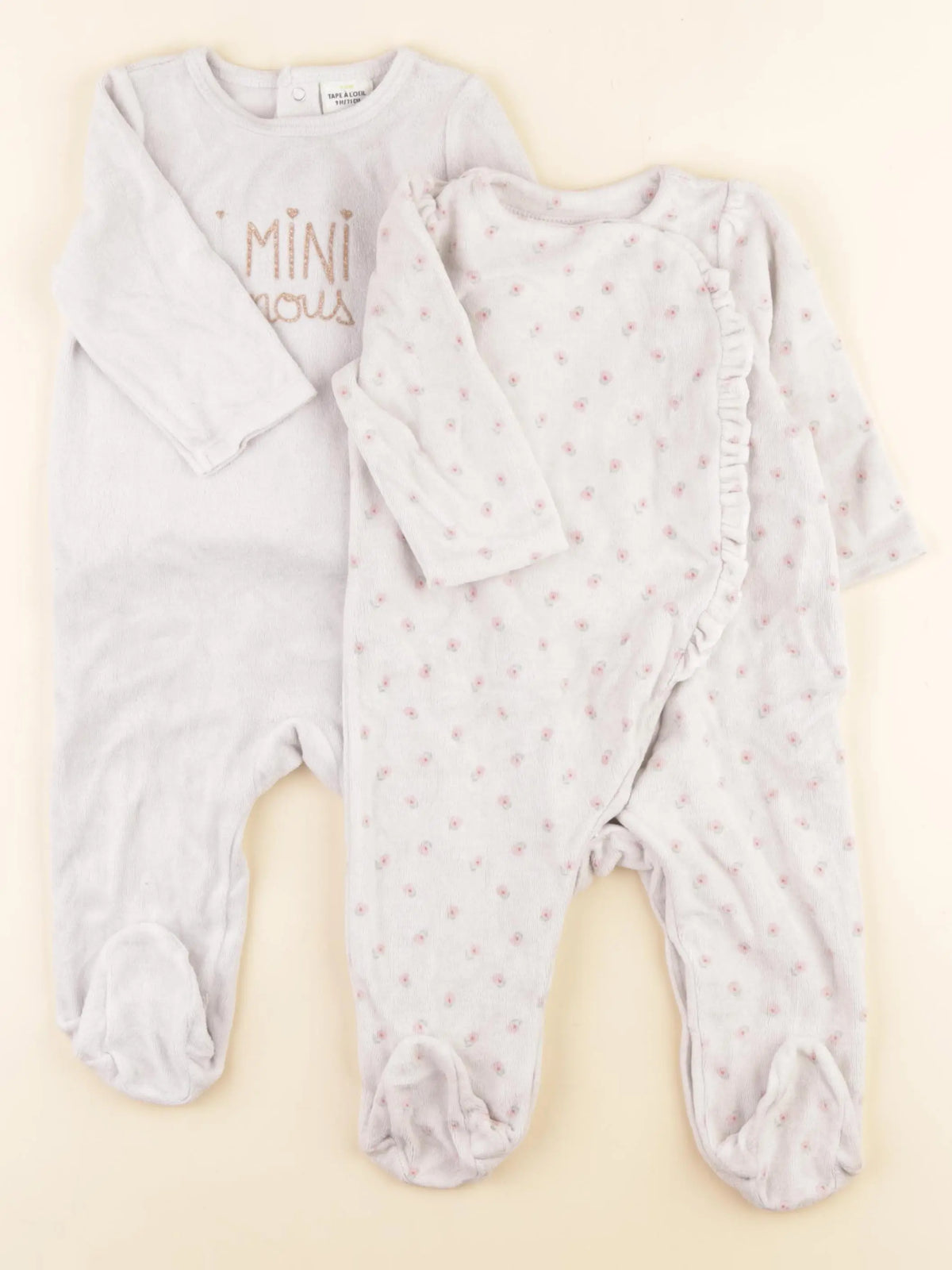 Tape à l'oeil - lot de 2 pyjamas velours beige, rose - 9 mois