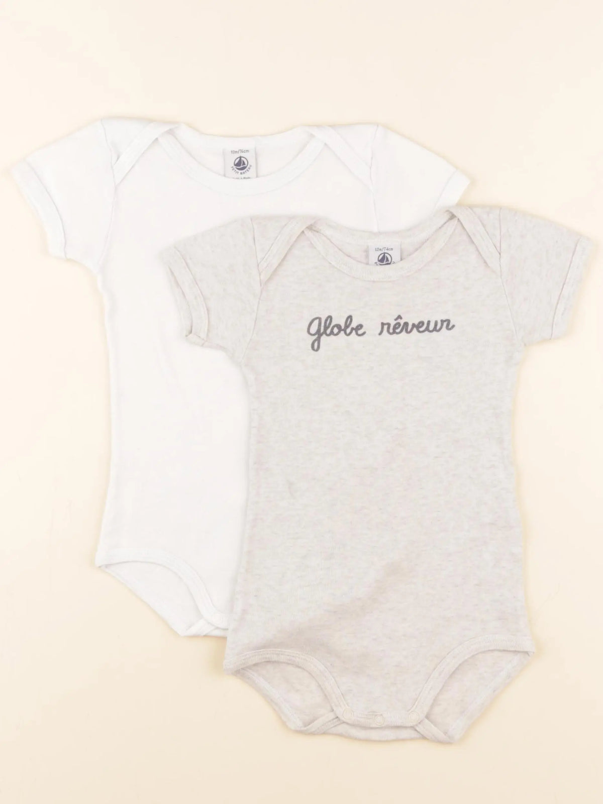 Petit Bateau - lot de 2 bodies en coton blanc, gris - 12 mois