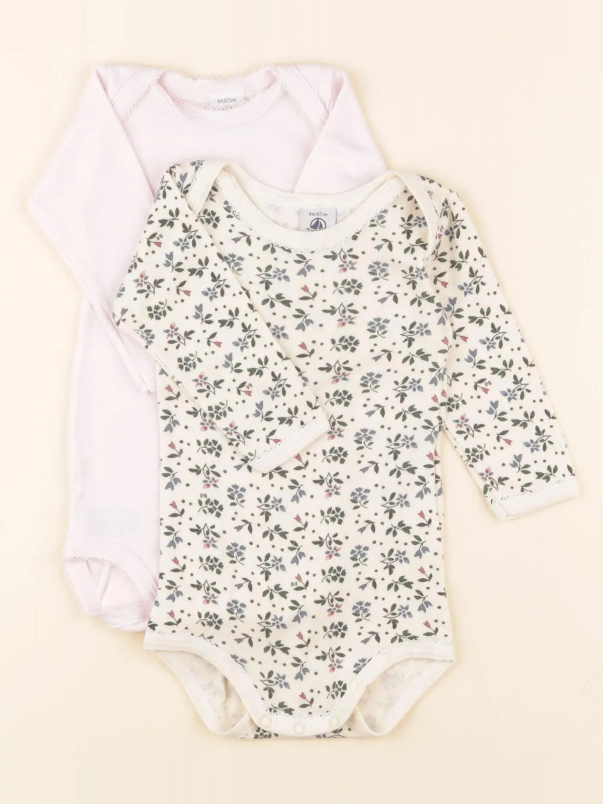 Petit Bateau - lot de 2 bodies en coton beige, rose - 6 mois