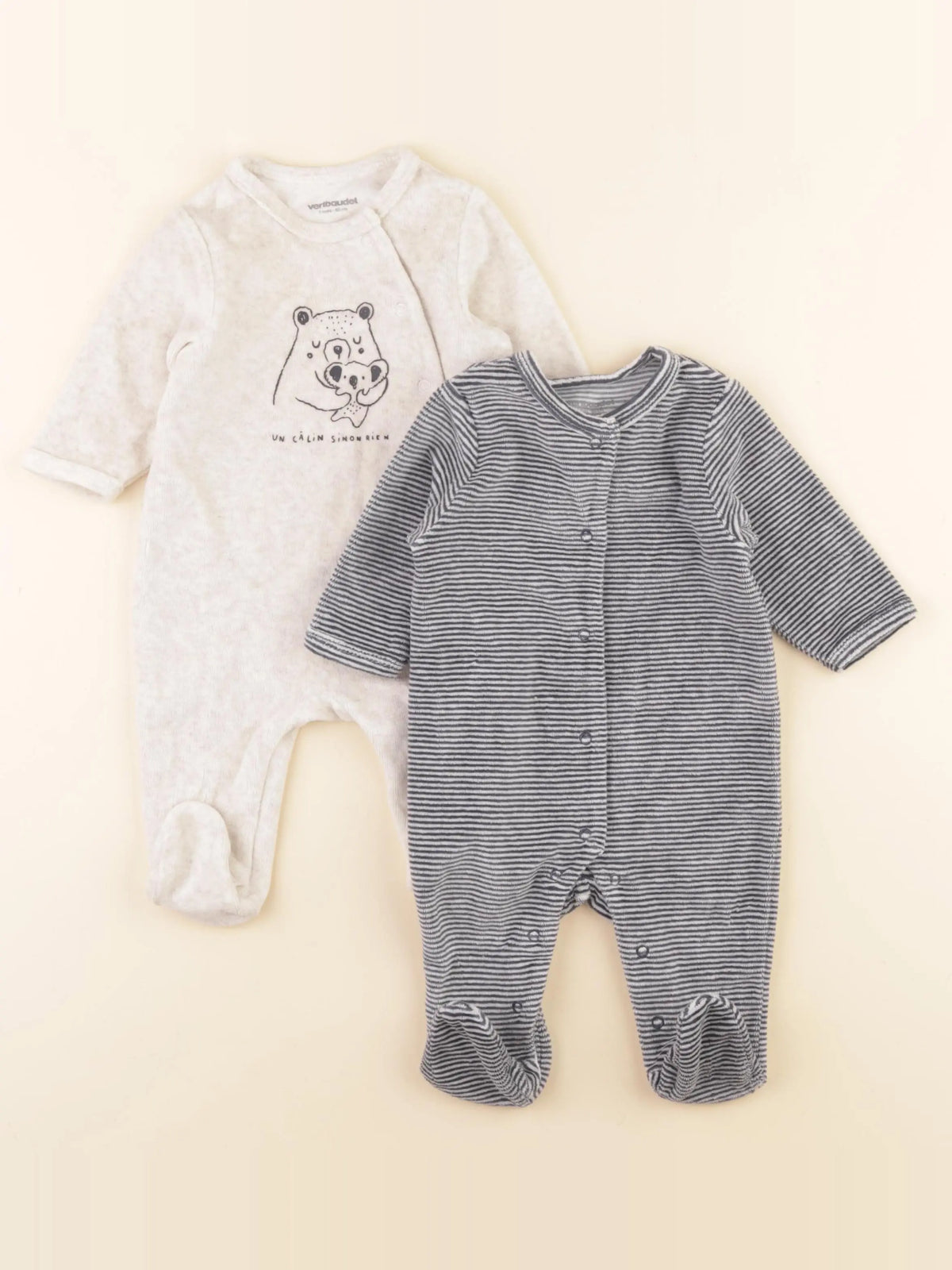 Vertbaudet - lot de 2 pyjamas velours bleu, beige - 3 mois