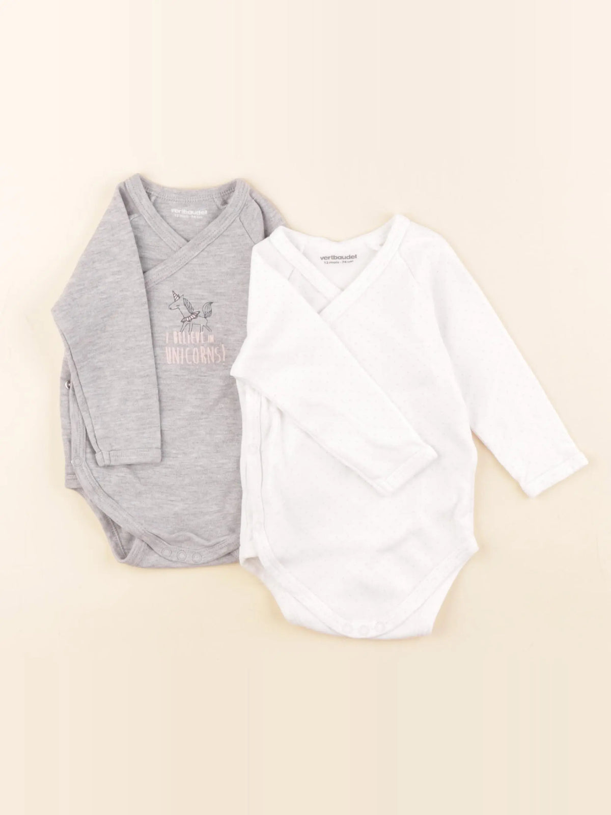 Vertbaudet - lot de 2 bodies en coton gris, blanc - 12 mois