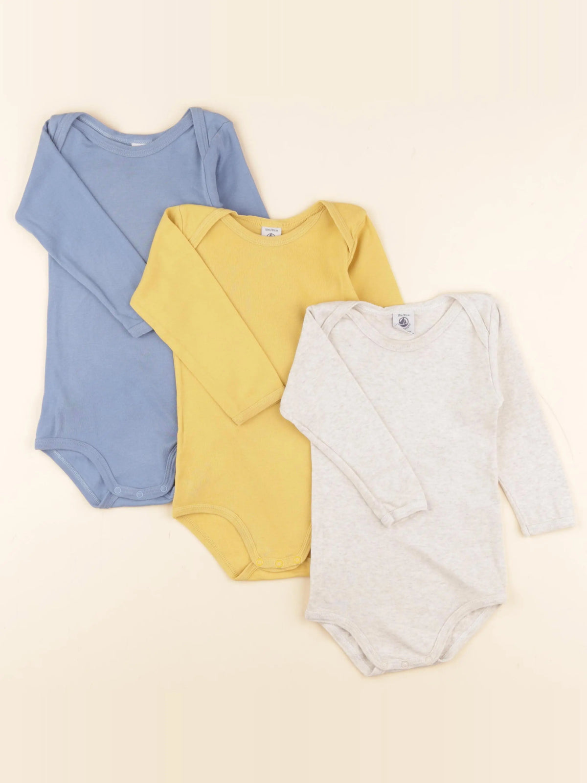 Petit Bateau - lot de 3 bodies en coton bleu, jaune - 18 mois