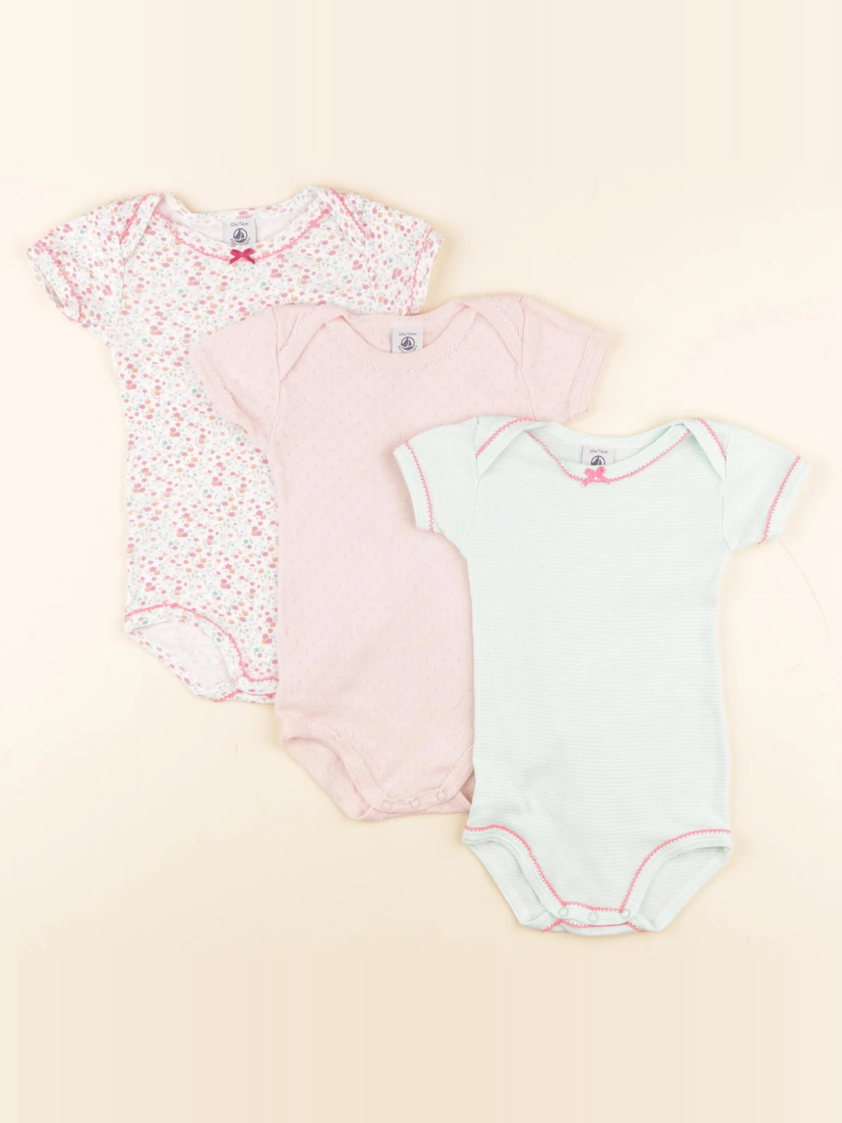 Petit Bateau - lot de 3 bodies en coton vert, rose - 12 mois