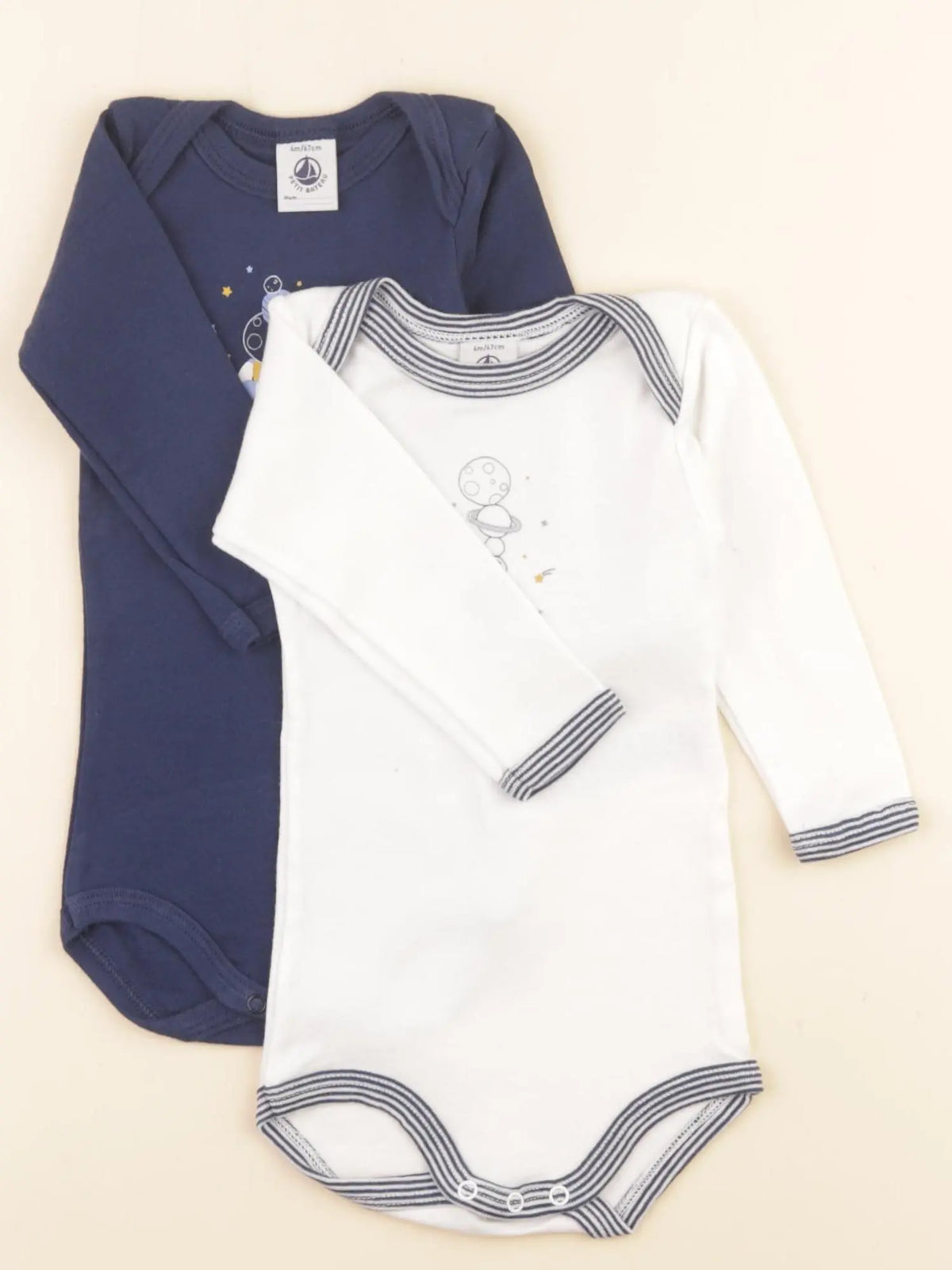 Petit Bateau - lot de 2 bodies en coton blanc, bleu - 6 mois