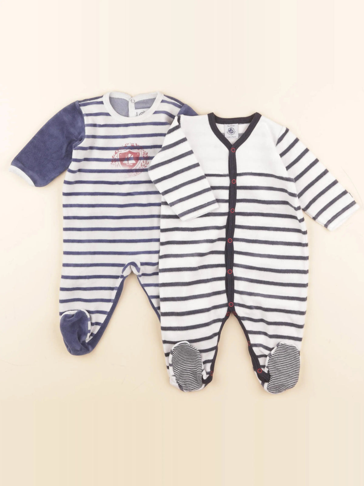 Petit Bateau - lot de 2 pyjamas velours bleu, blanc - 3 mois