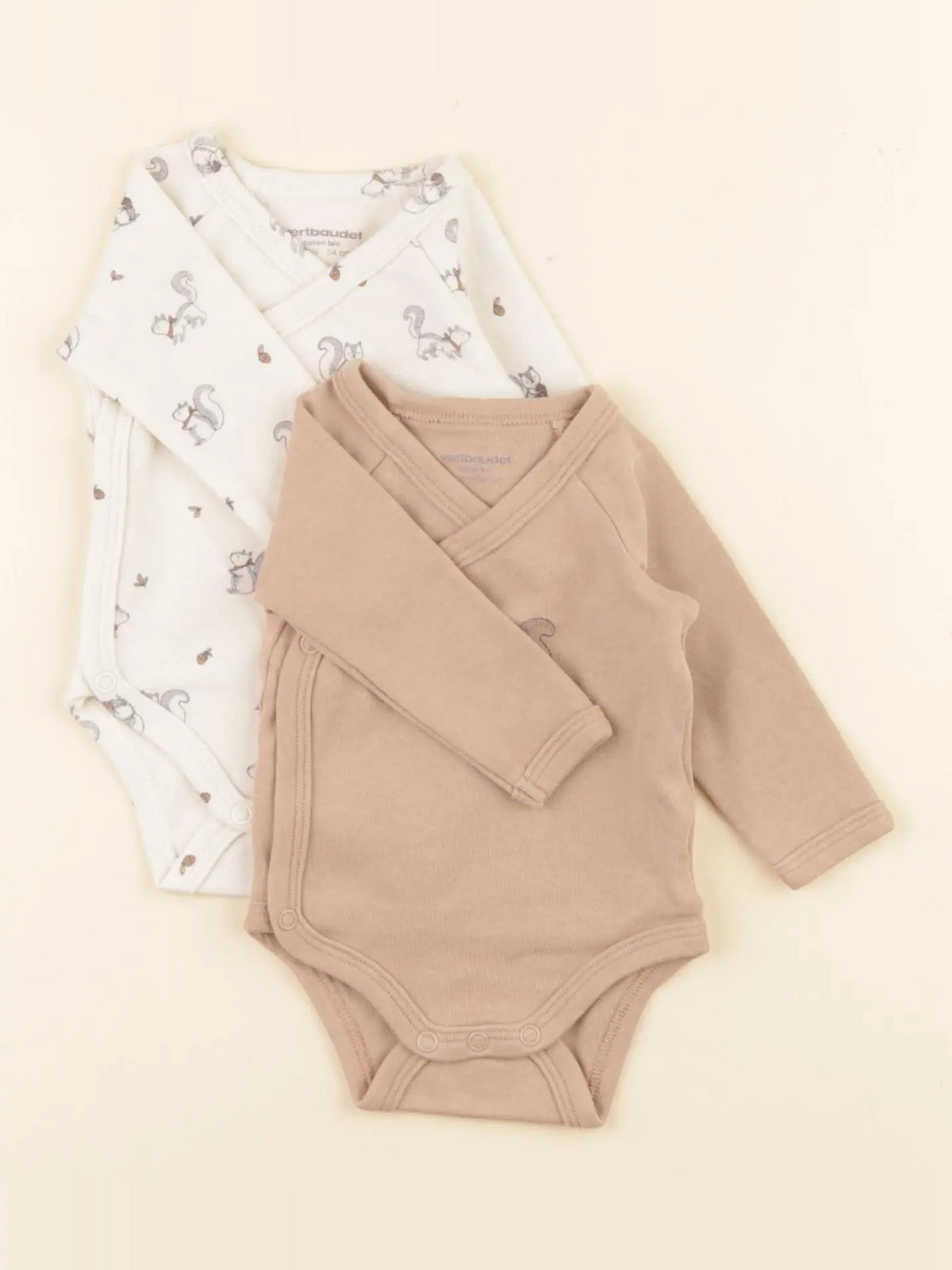 Vertbaudet - lot de 2 bodies en coton beige, marron - 1 mois