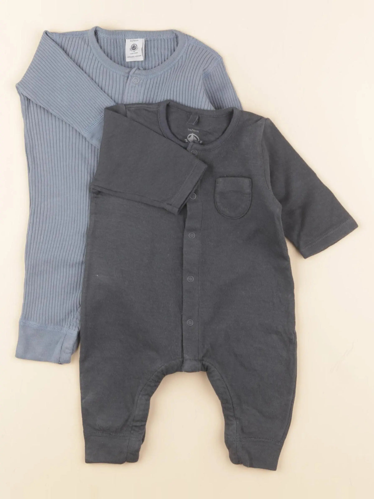 Petit Bateau - lot de 2 pyjamas coton bleu, gris - 1 mois