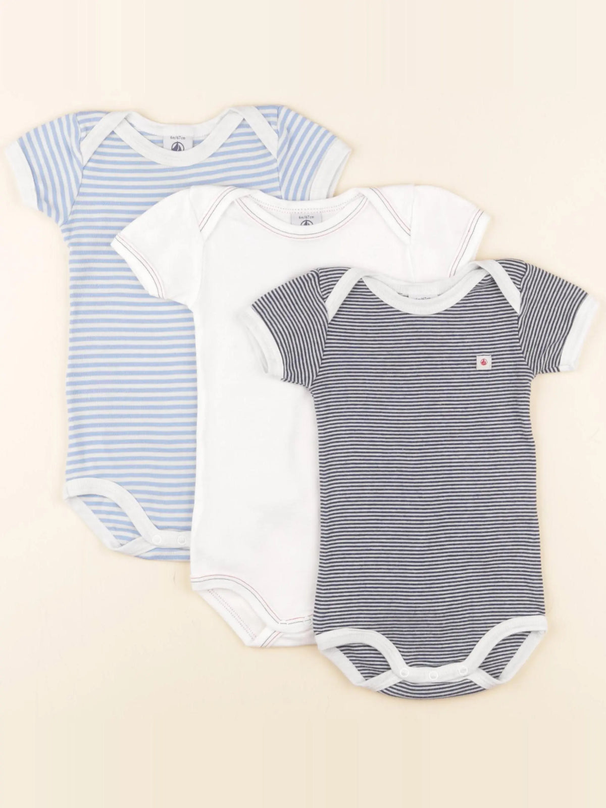 Petit Bateau - lot de 3 bodies en coton bleu, blanc - 6 mois