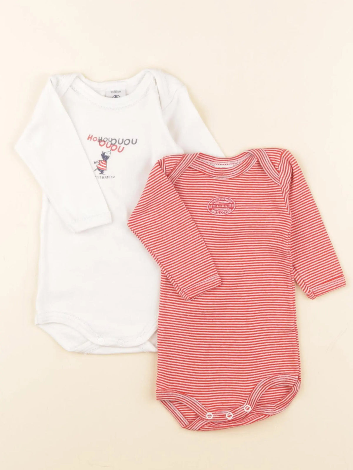 Petit Bateau - lot de 2 bodies en coton blanc, rouge - 3 mois