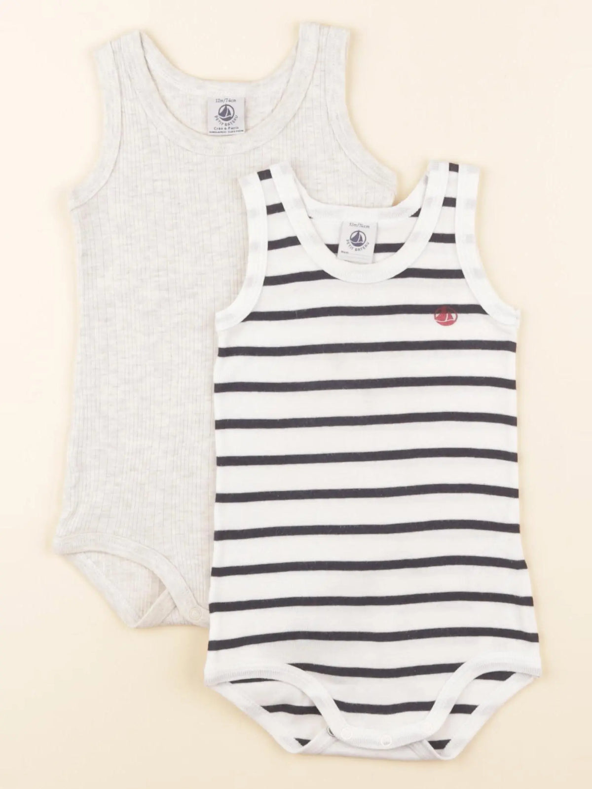 Petit Bateau - lot de 2 bodies en coton gris, blanc - 12 mois