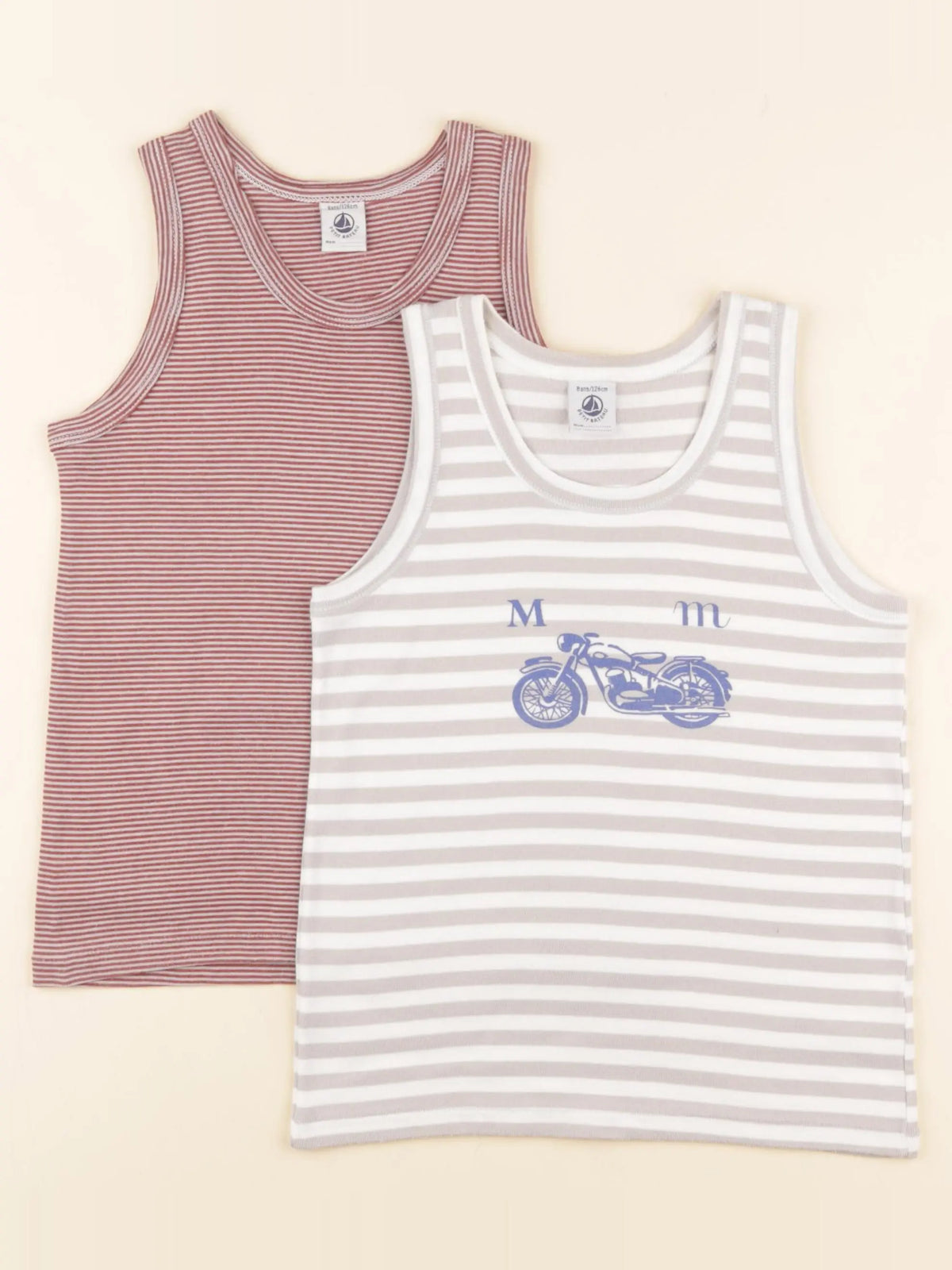 Petit Bateau - lot de 2 maillots de corps gris, rouge - 8 ans