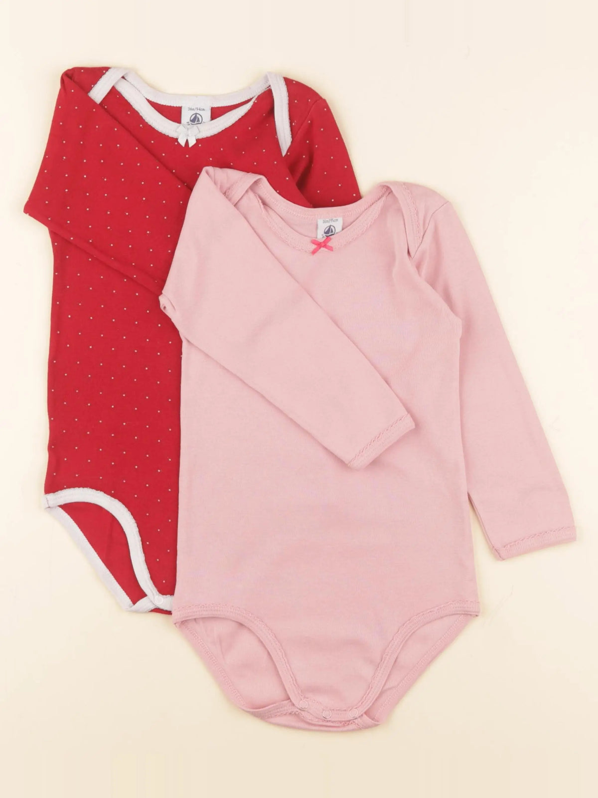 Petit Bateau - lot de 2 bodies en coton rouge, rose - 36 mois