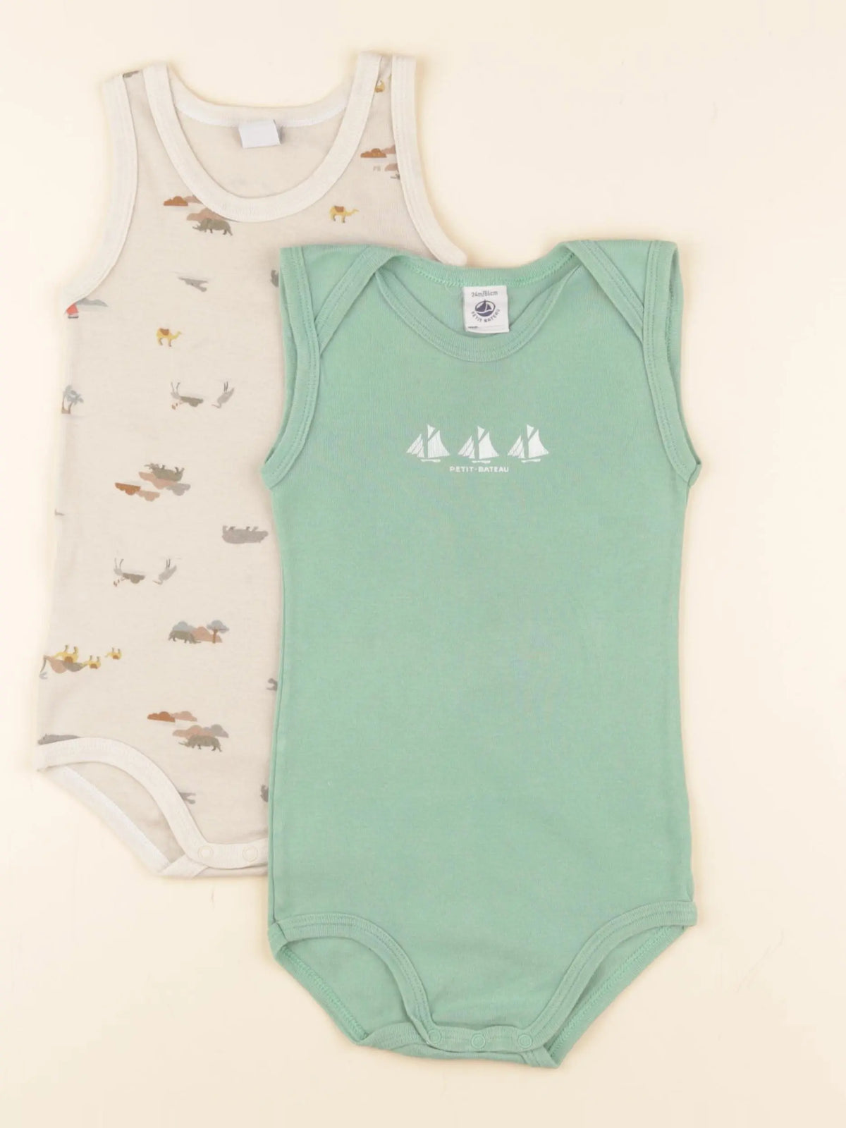 Petit Bateau - lot de 2 bodies en coton vert, beige - 24 mois