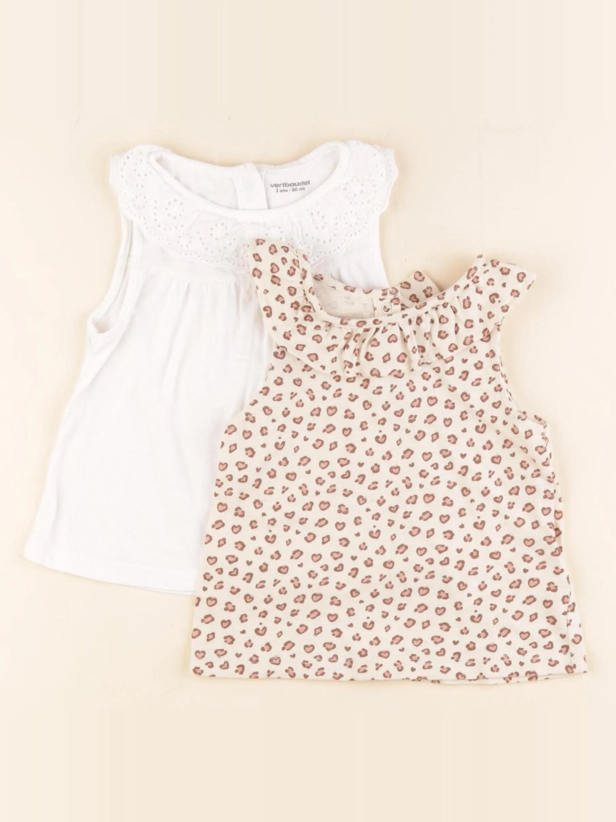 Vertbaudet - lot de 2 débardeurs blanc, beige - 2 ans