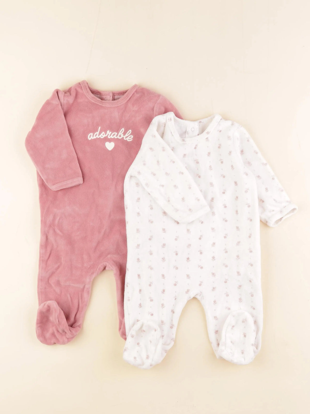 Vertbaudet - lot de 2 pyjamas velours blanc, rose - 6 mois