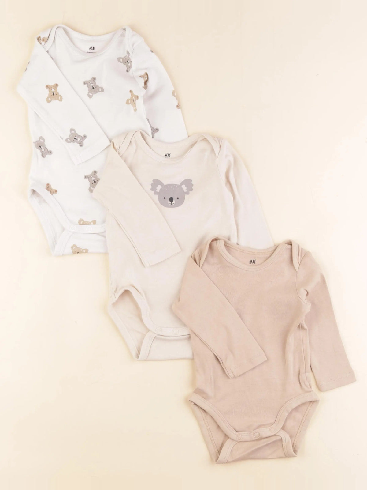 H&M - lot de 3 bodies en coton beige, marron - 3 mois