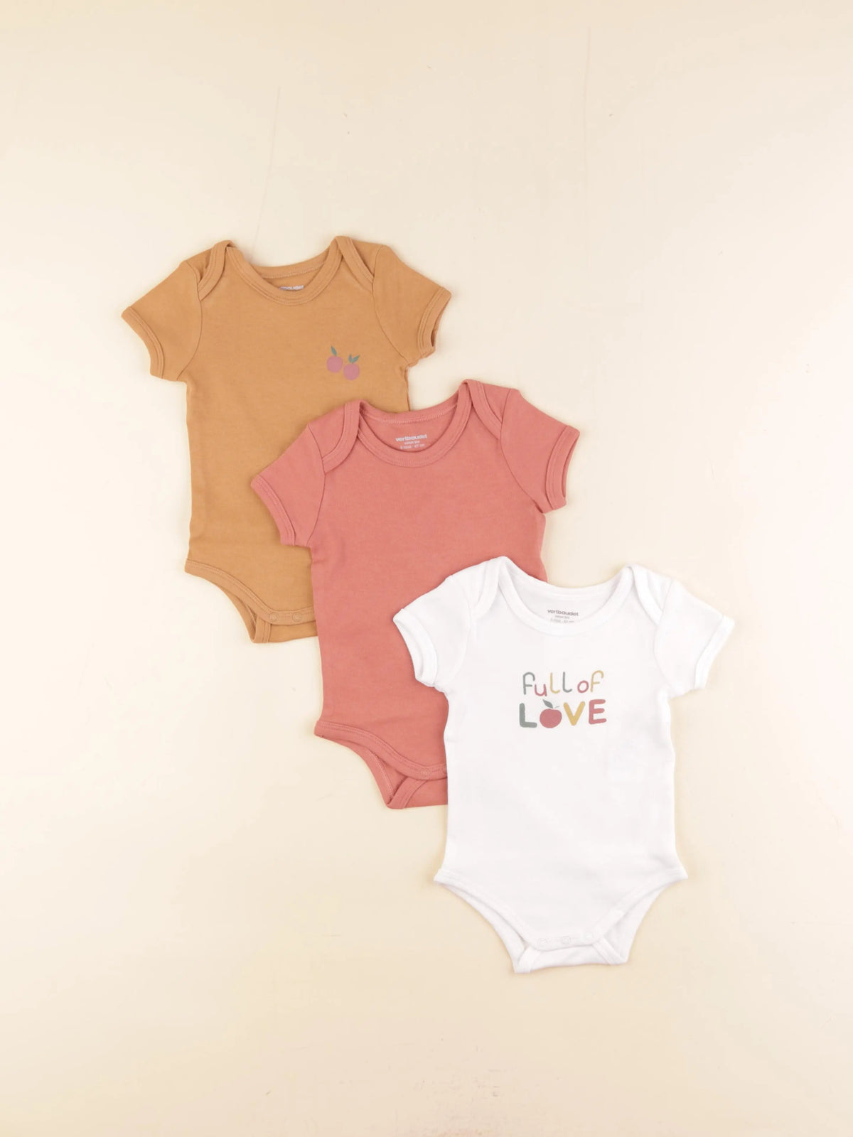 Vertbaudet - lot de 3 bodies en coton marron, rouge, blanc - 6 mois
