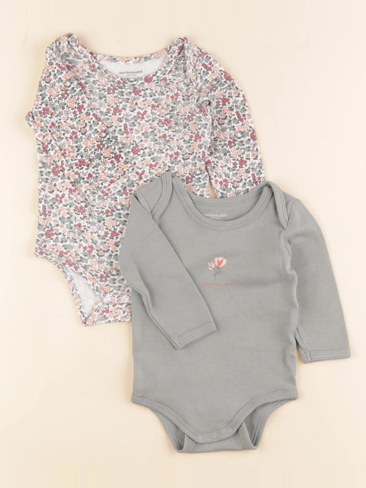 Vertbaudet - lot de 2 bodies en coton vert, rose - 6 mois
