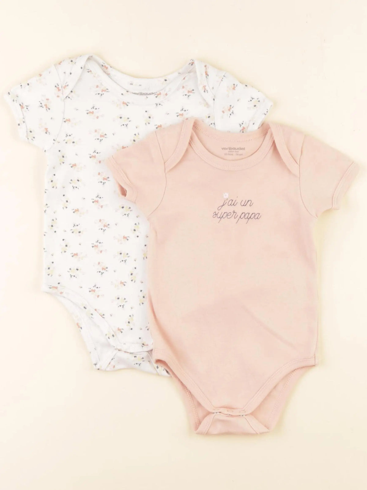 Vertbaudet - lot de 2 bodies en coton blanc, rose - 12 mois