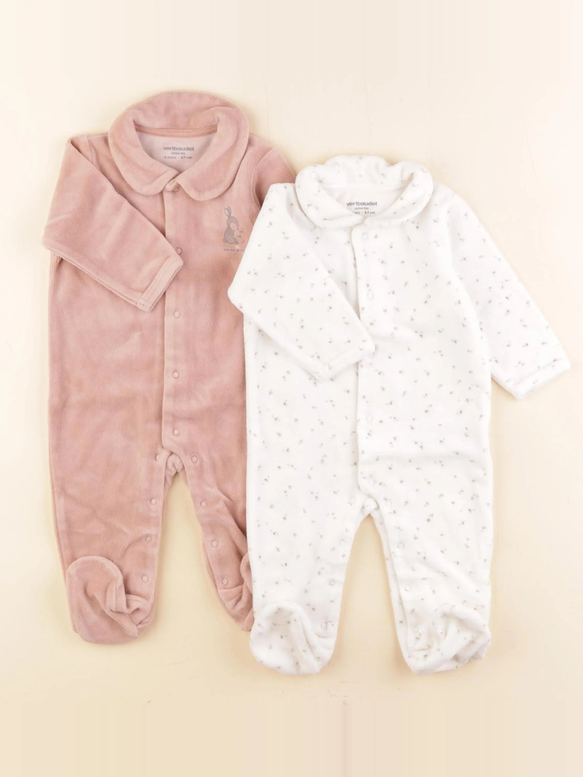 Vertbaudet - lot de 2 pyjamas velours blanc, rose - 6 mois