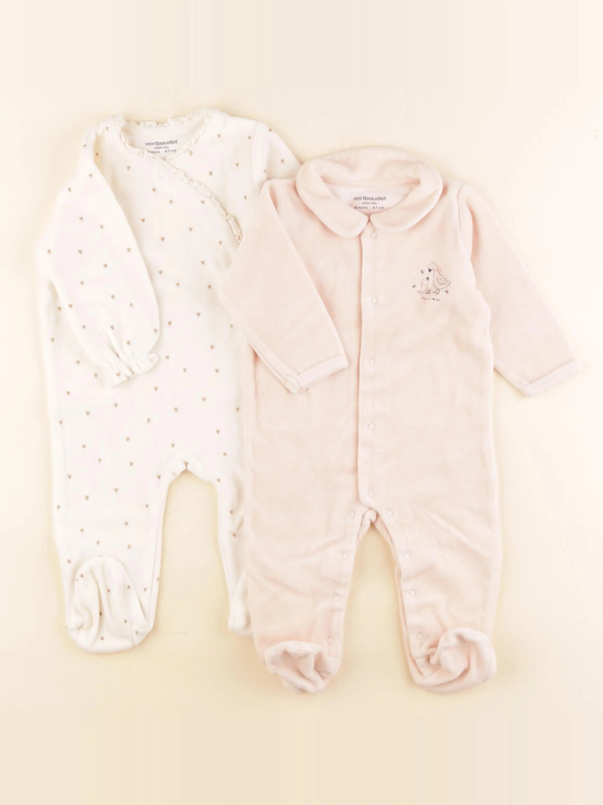 Vertbaudet - lot de 2 pyjamas velours rose, beige - 6 mois