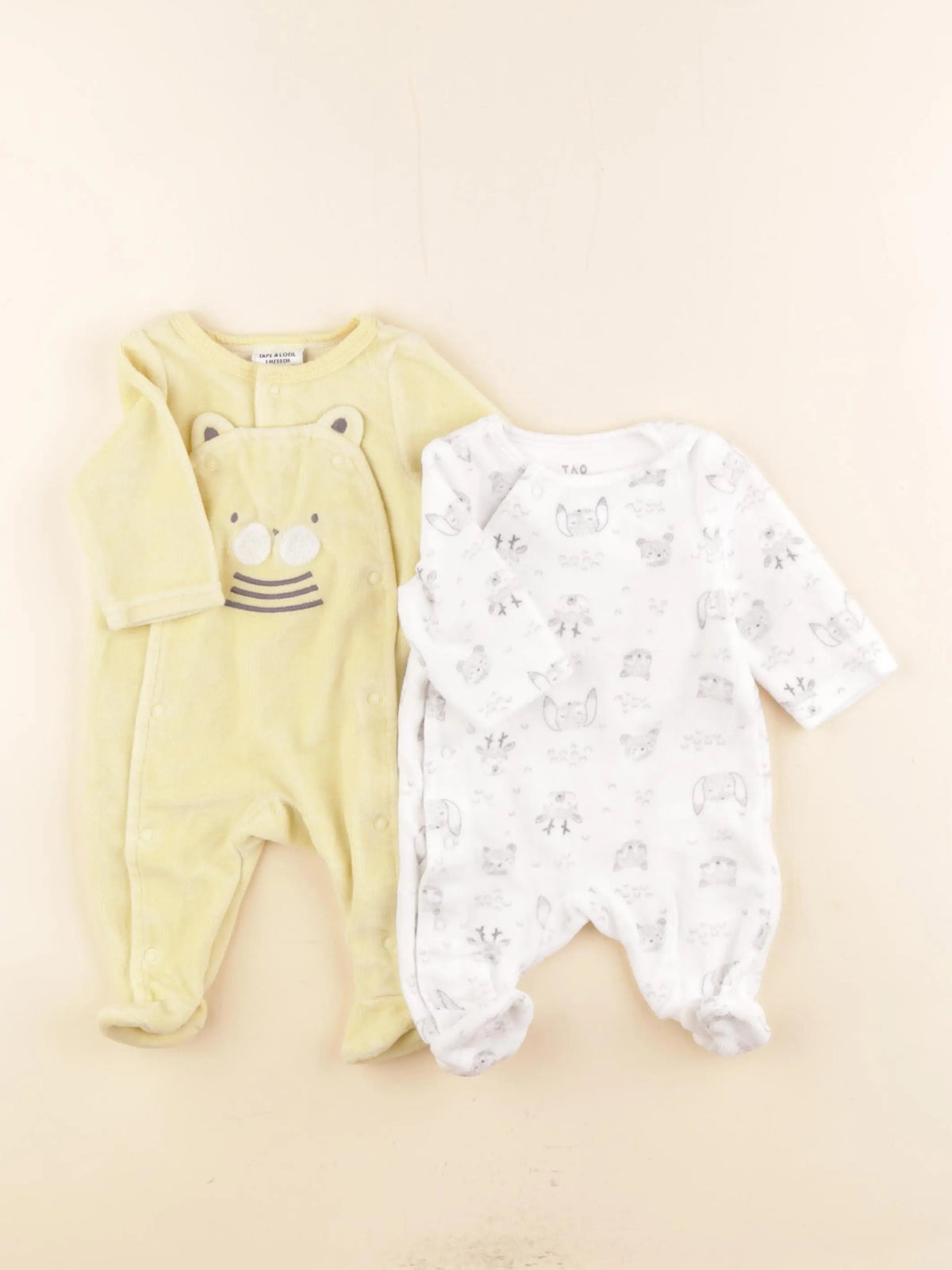 Tape à l'oeil - lot de 2 pyjamas velours blanc, jaune - 1 mois