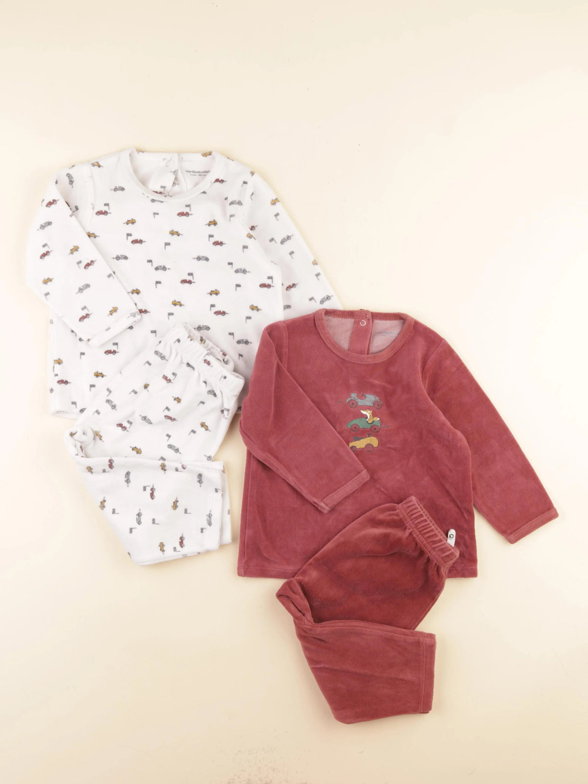 Vertbaudet - lot de 2 pyjamas velours rouge, blanc - 2 ans