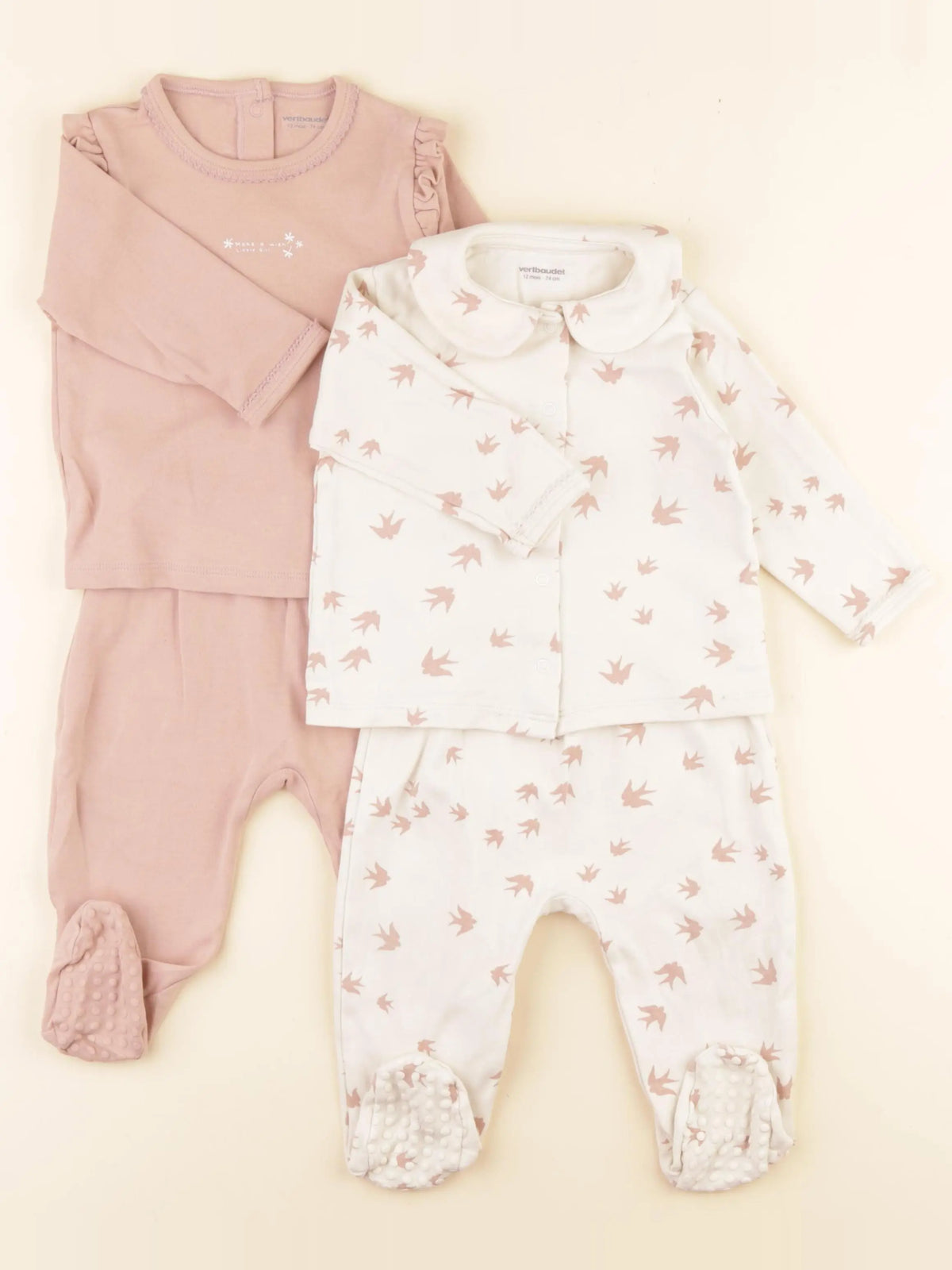 Vertbaudet - lot de 2 pyjamas coton beige, rose - 12 mois