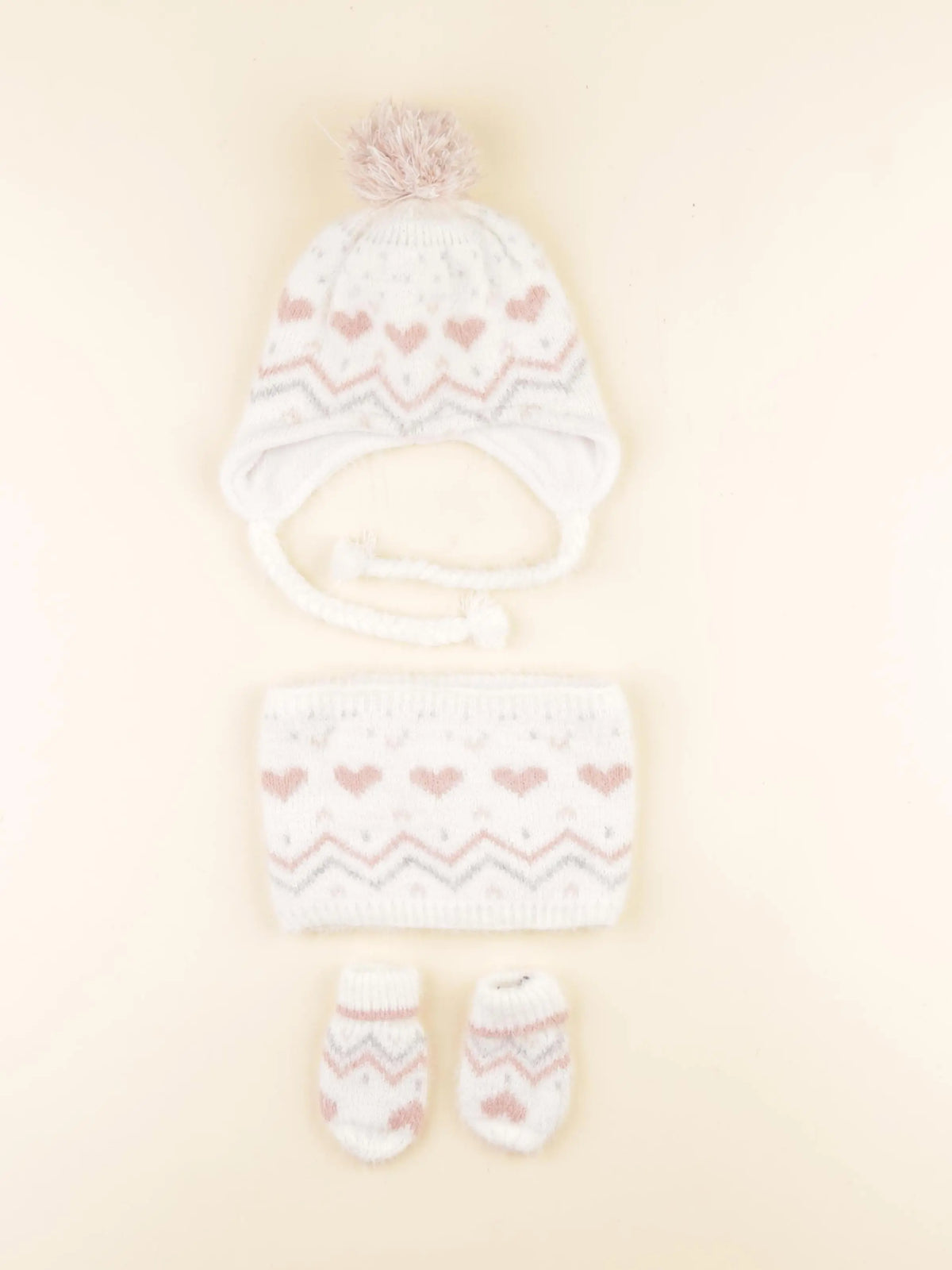 Vertbaudet - ensemble bonnet/moufles/tour de cou blanc, rose - 12/18 mois