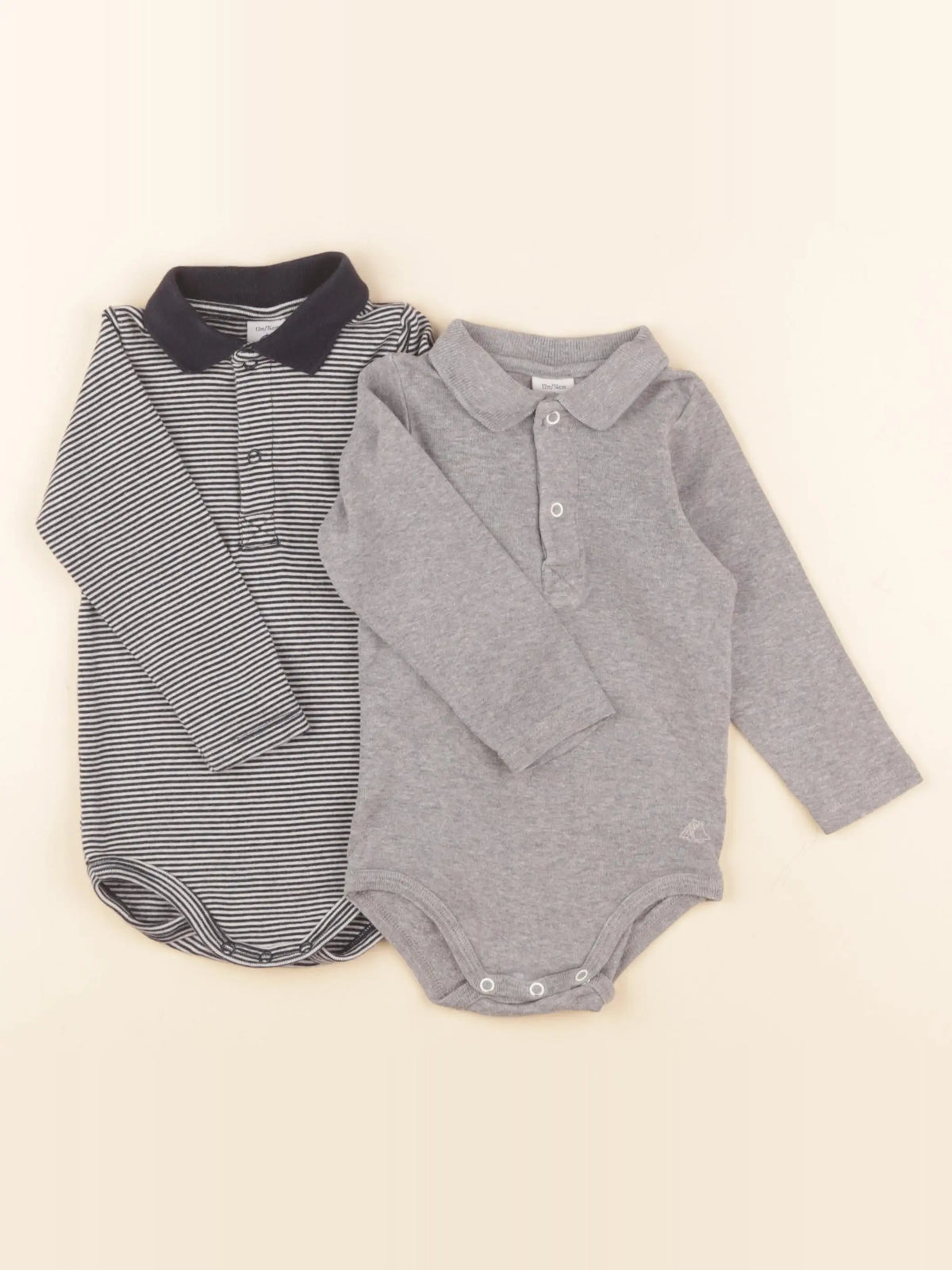 Petit Bateau - lot de 2 bodies à col bleu, gris - 12 mois