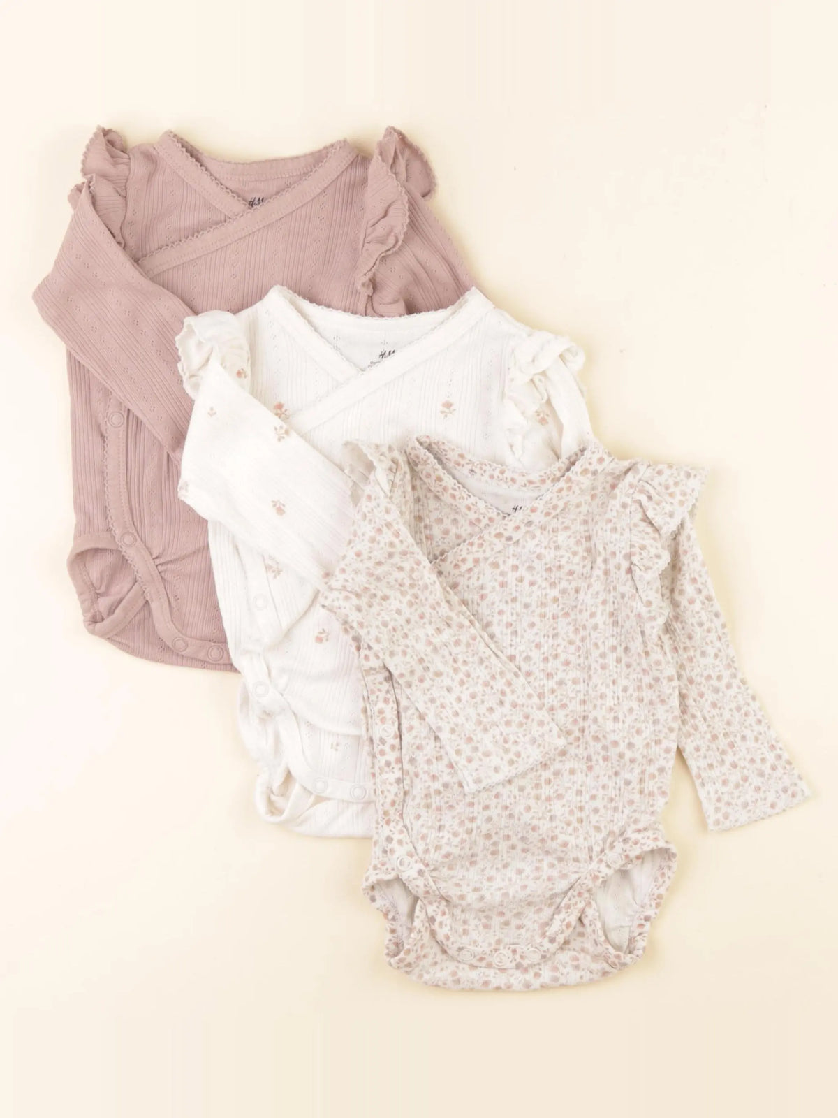 H&M - lot de 3 bodies en coton rose, beige - 2/4 mois