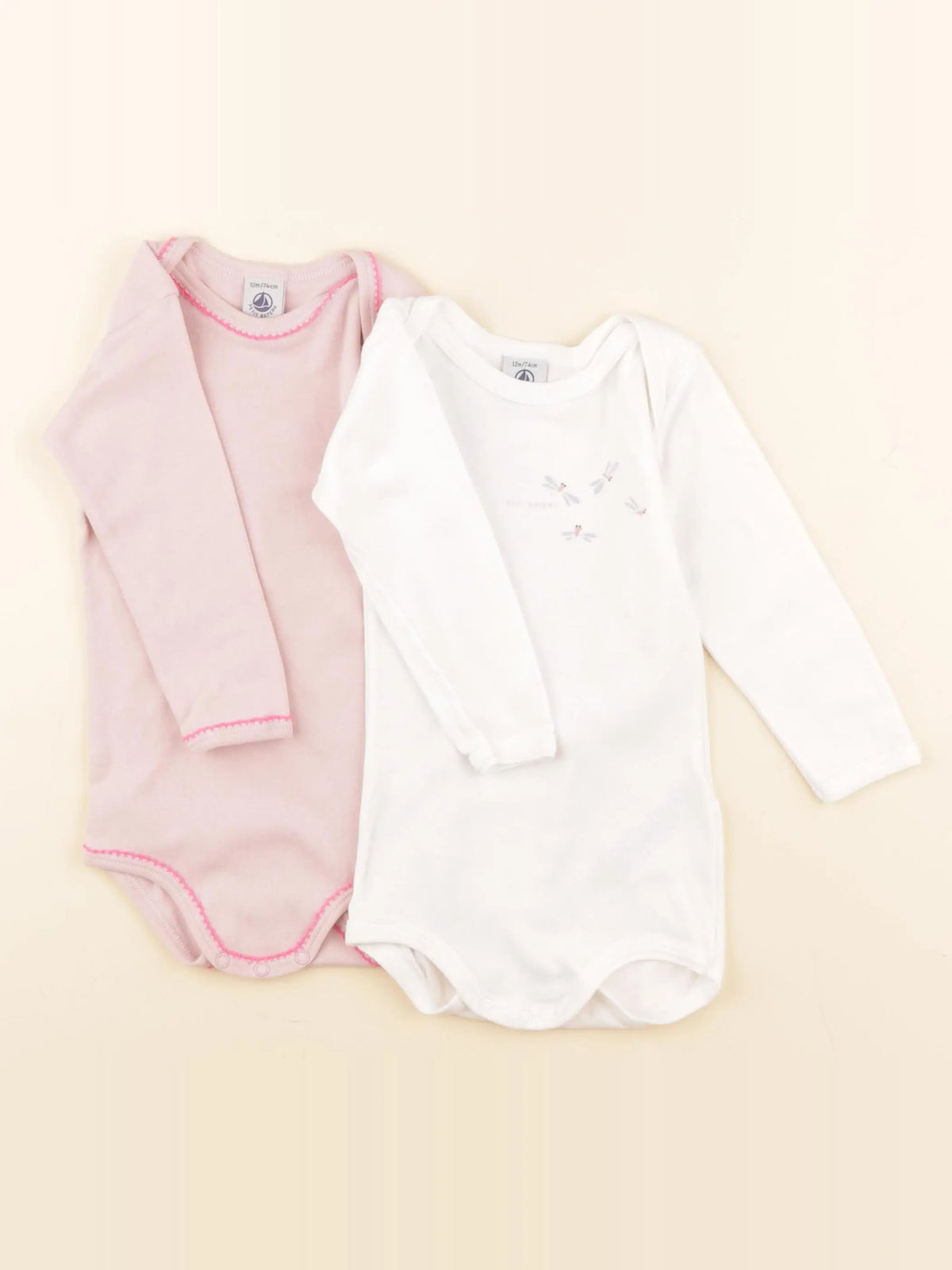 Petit Bateau - lot de 2 bodies en coton blanc, rose - 12 mois