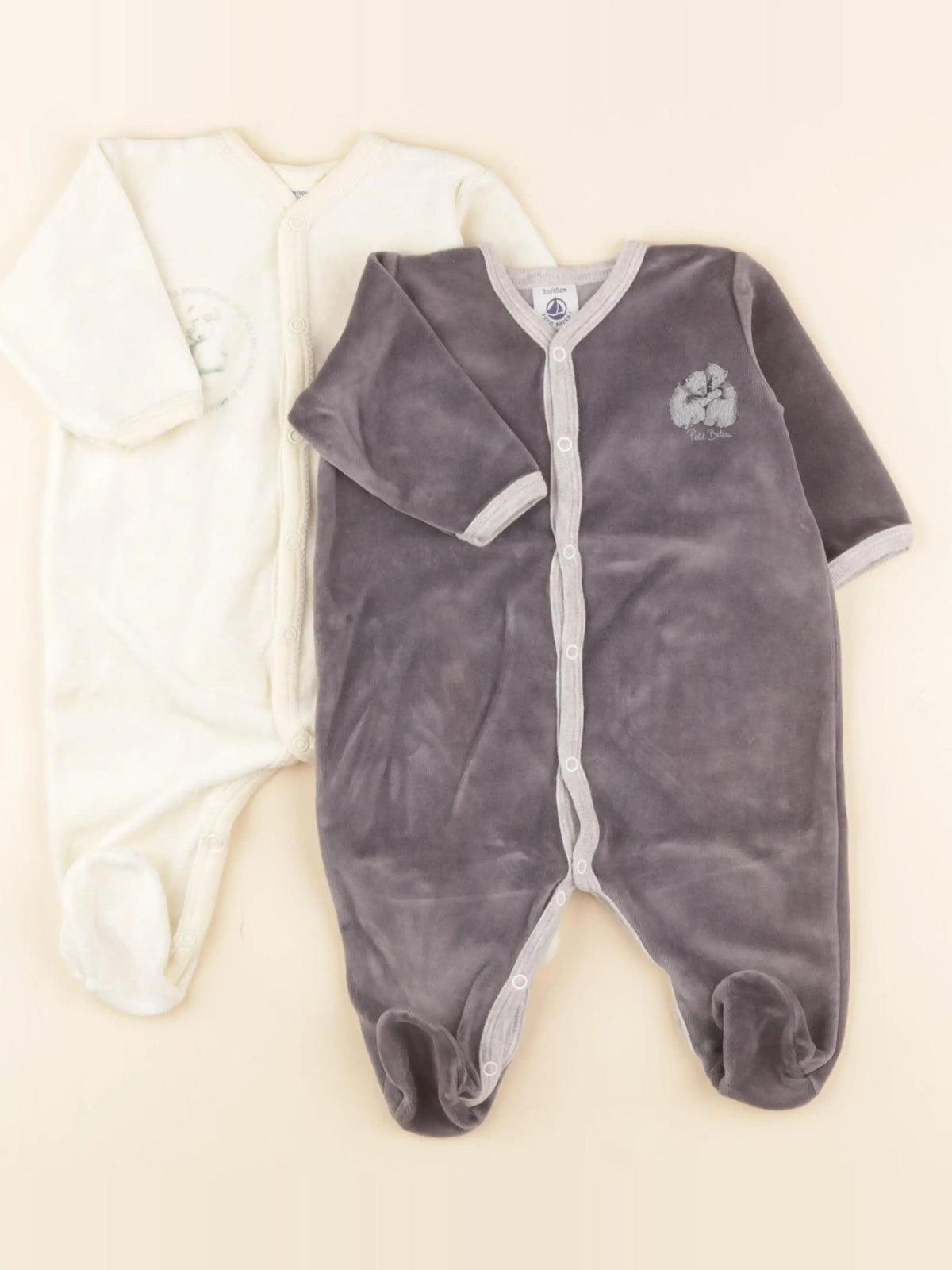 Petit Bateau - lot de 2 pyjamas velours jaune, taupe - 3 mois