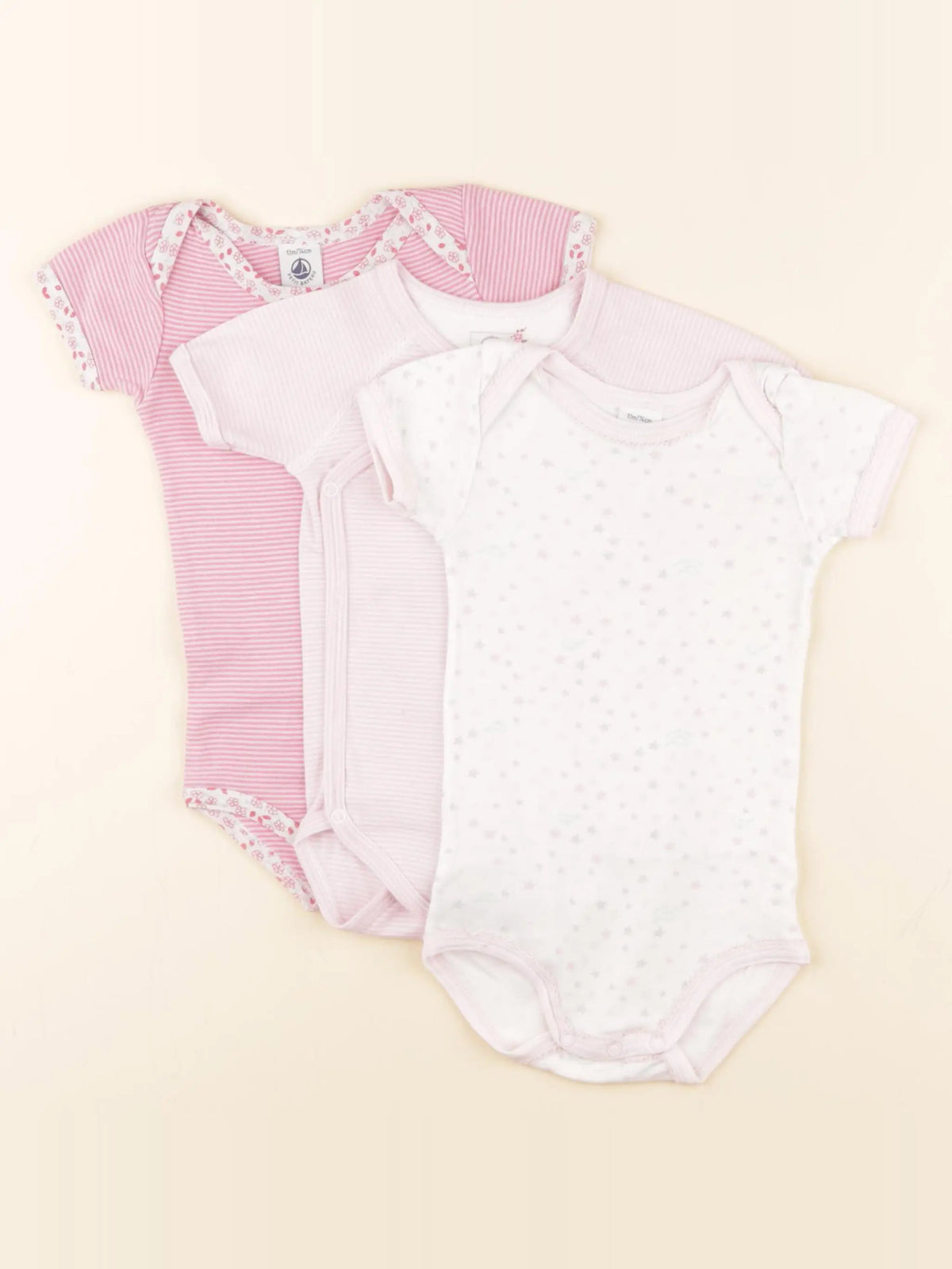 Petit Bateau - lot de 3 bodies en coton blanc, rose - 12 mois
