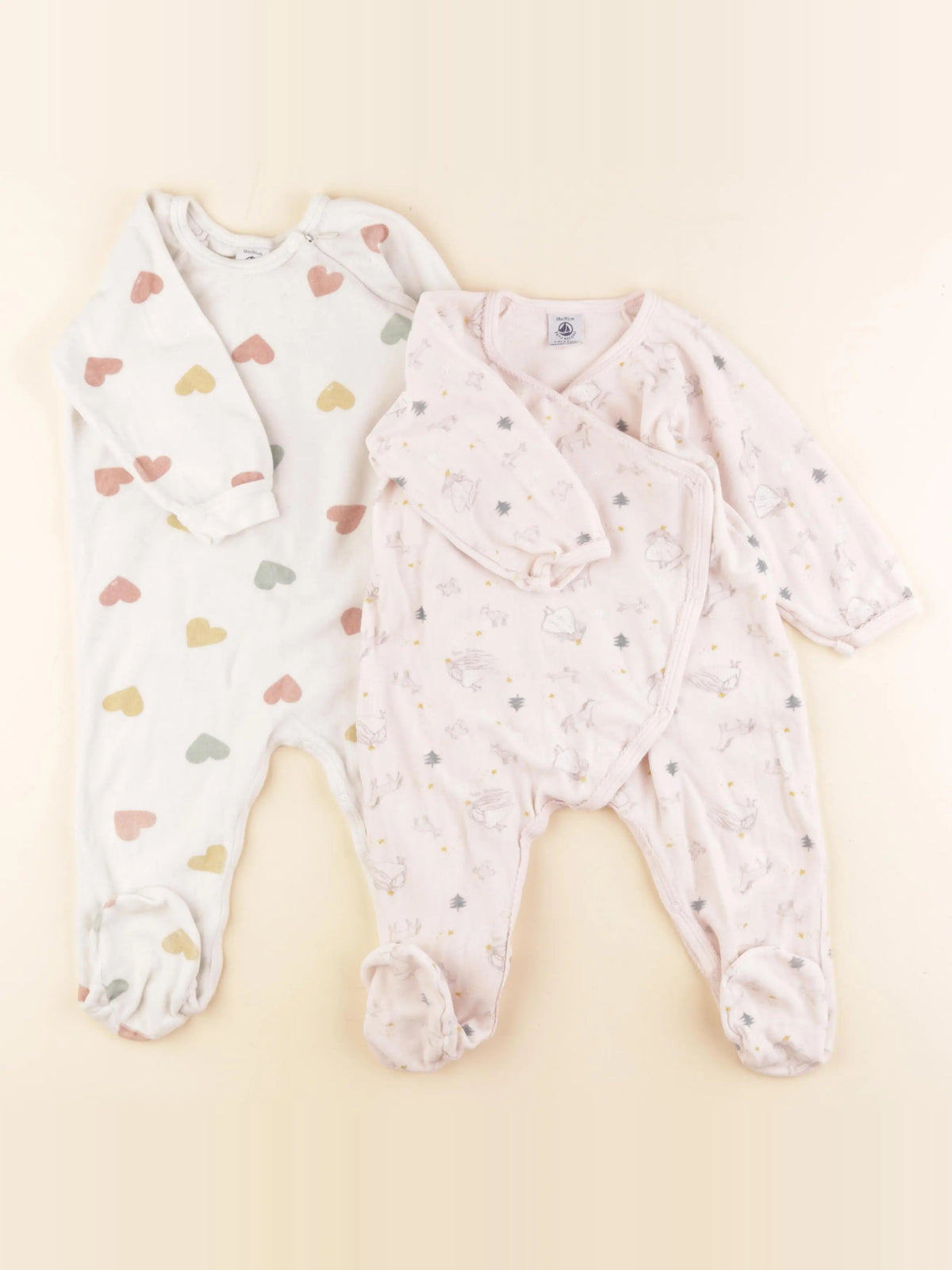 Petit Bateau - lot de 2 pyjamas velours beige, rose - 18 mois