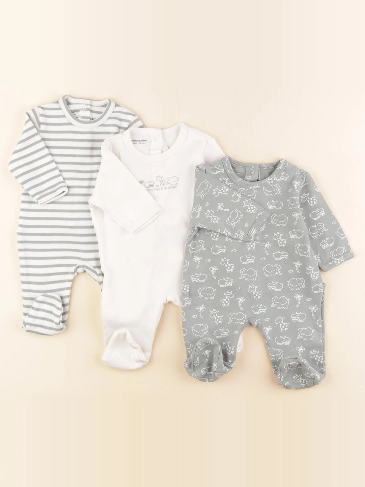 Vertbaudet - lot de 3 pyjamas coton vert, blanc - 1 mois