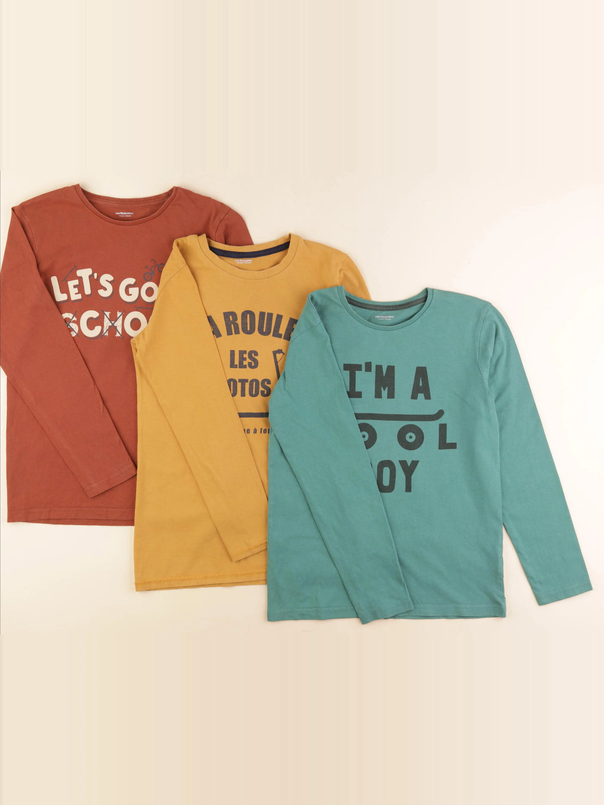 Vertbaudet - lot de 3 tee-shirts jaune, vert, marron - 12 ans