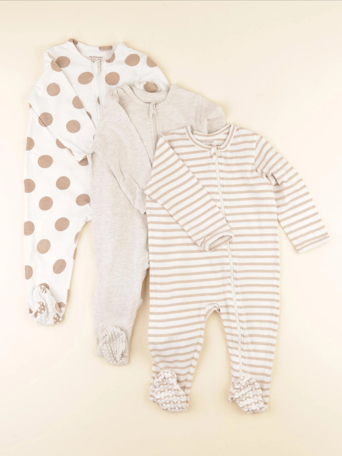 Vertbaudet - lot de 3 pyjamas coton beige, gris - 12 mois