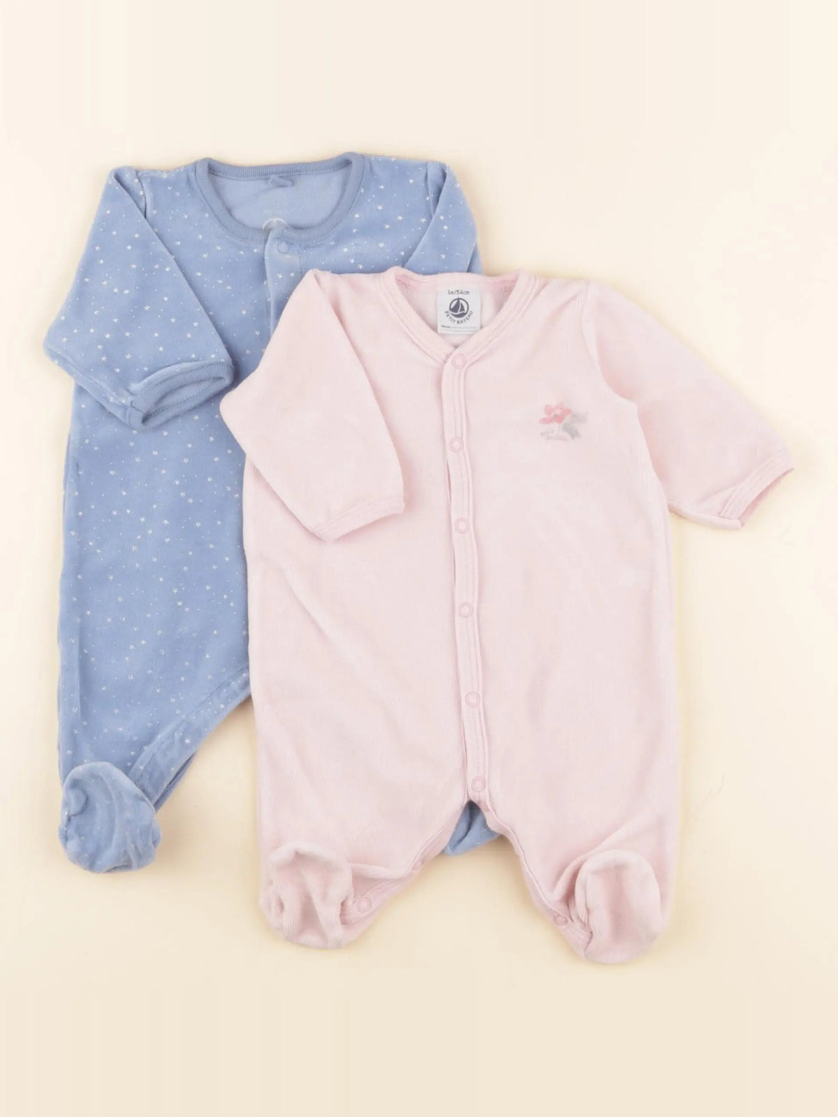 Petit Bateau - pyjama velours bleu, rose - 1 mois