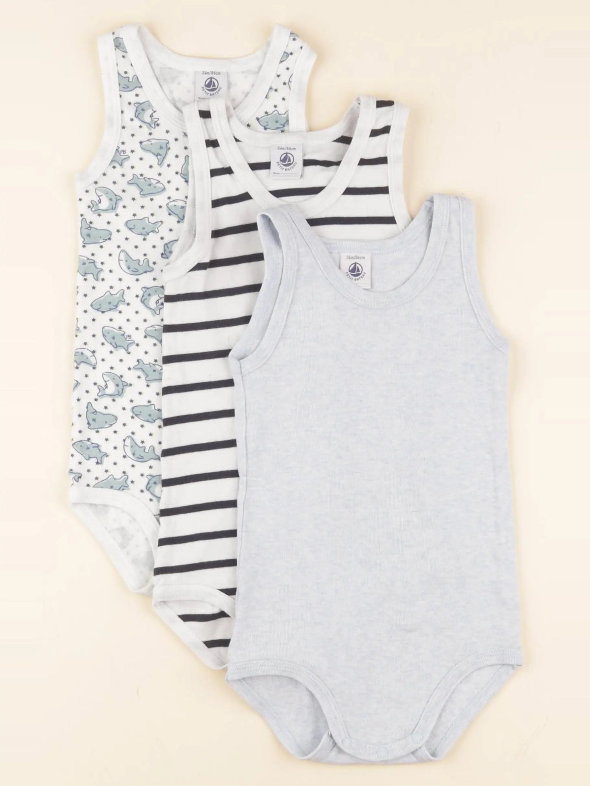 Petit Bateau - lot de 3 bodies en coton bleu, blanc - 24 mois