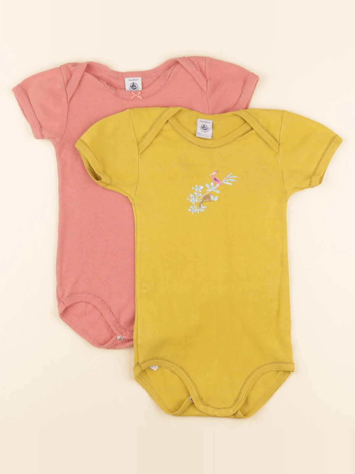 Petit Bateau - lot de 2 bodies en coton jaune, rose - 24 mois